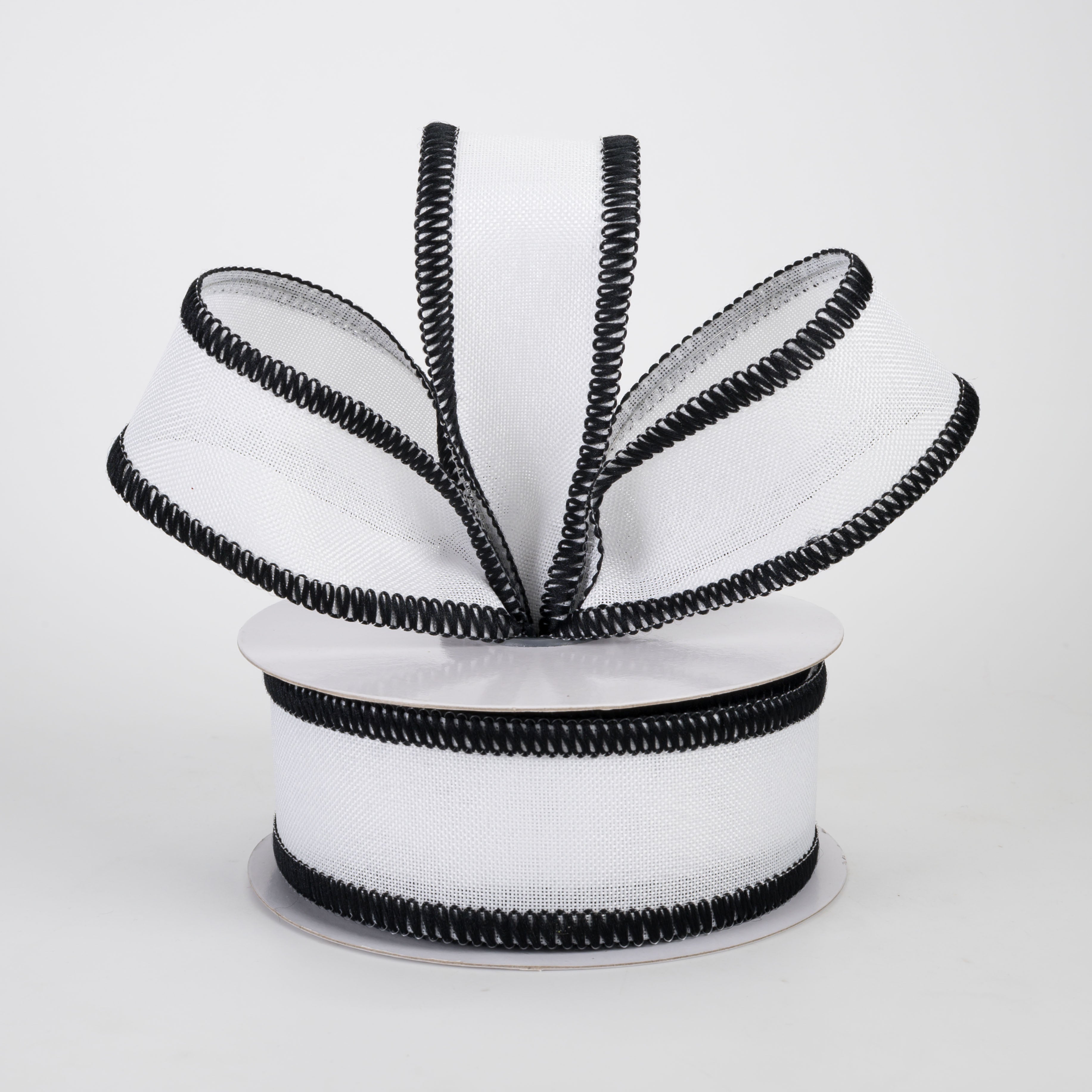 1.5" Stitched Edge Ribbon: White & Black (10 Yards)