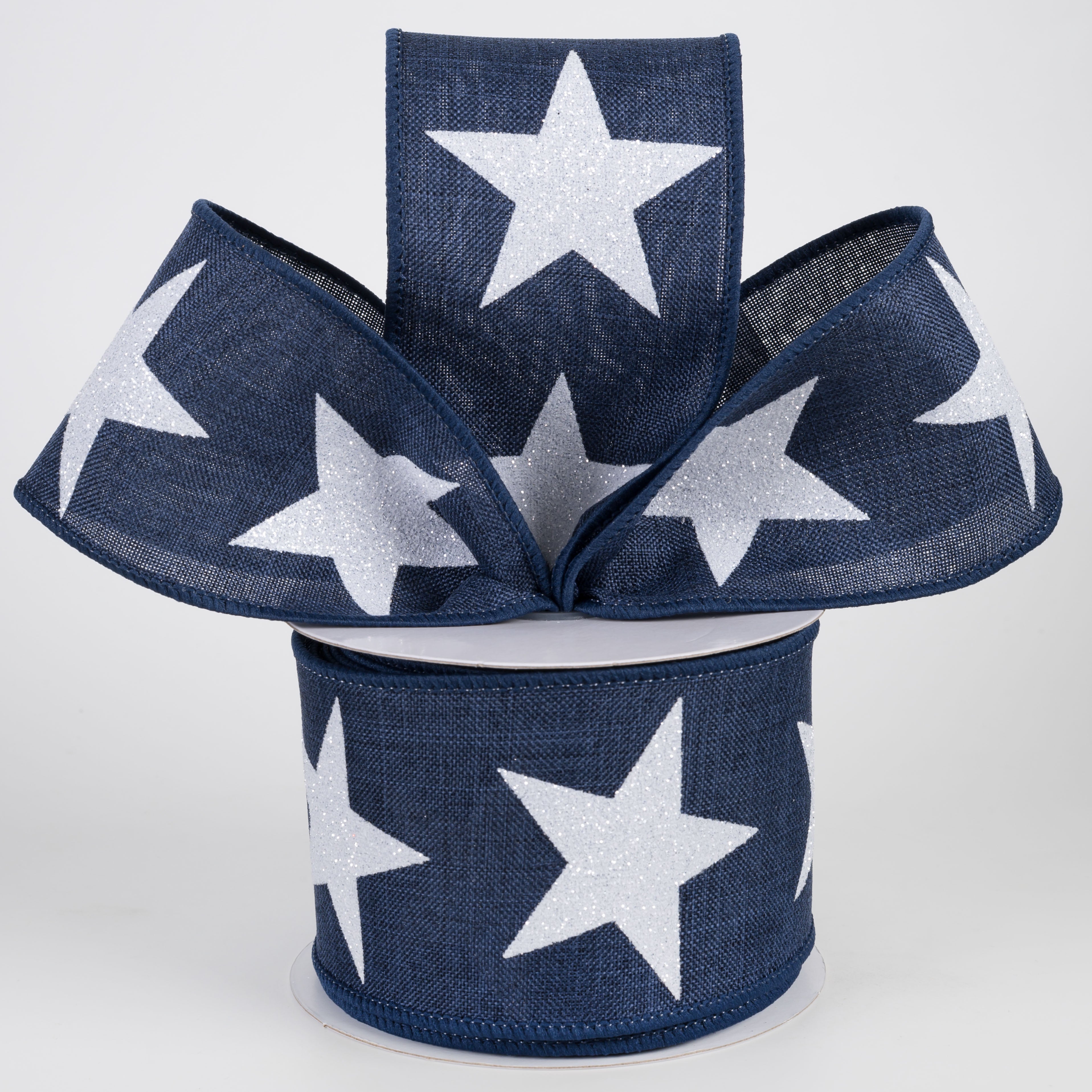 2.5" Bold Glitter Star Ribbon: Navy Blue & White (10 Yards)