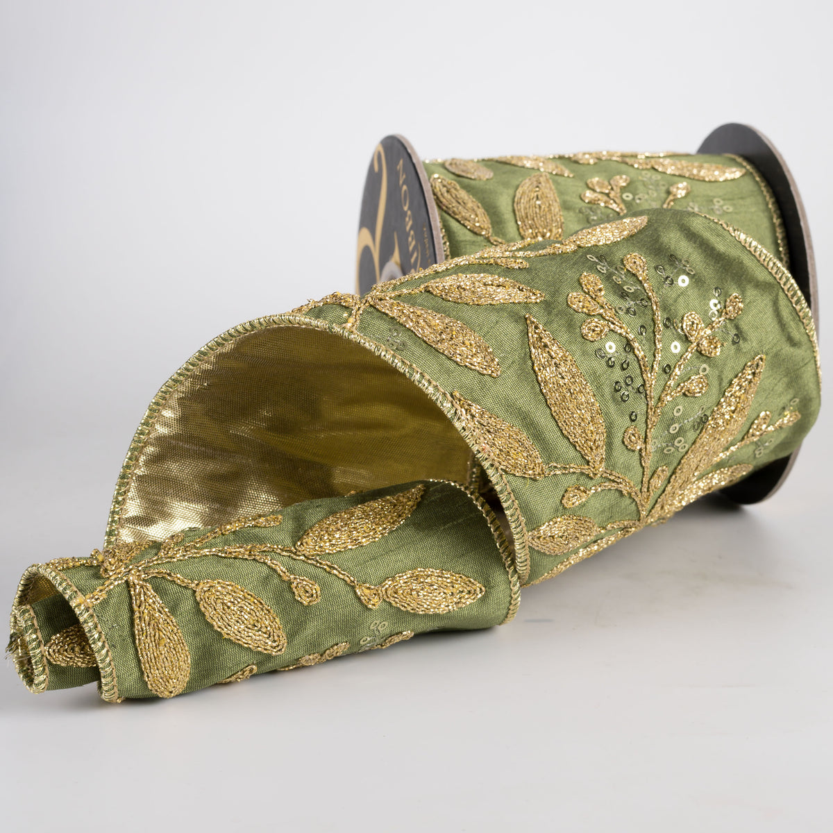 4" Gold Cord Leaf Embroidered Dupioni Ribbon with Metallic Back: Moss Green & Gold (5 Yards)