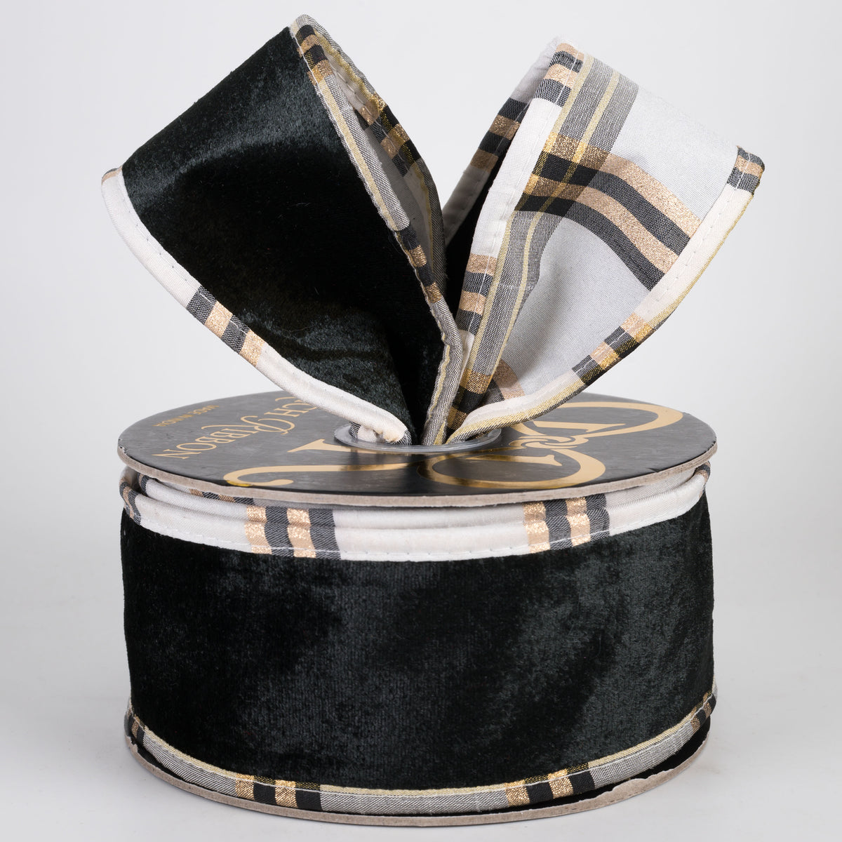 2.5" Sheldon Velvet Ribbon with Fused Dupioni Plaid Back: Black & White (10 Yards)