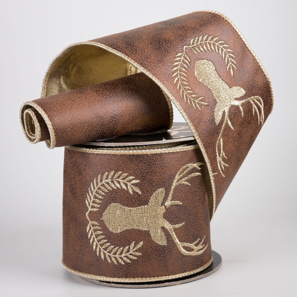 4" Deer Embroidered Faux Leather & Metallic Dupioni Fused Ribbon: Brown & Gold (5 Yards)