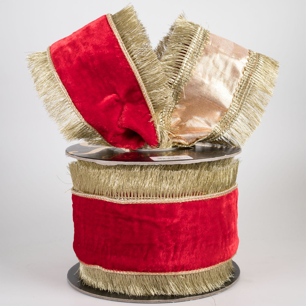 4" Fused Sheldon Fringe Edge Velvet & Metallic Dupioni Ribbon: Christmas Red & Gold (10 Yards)