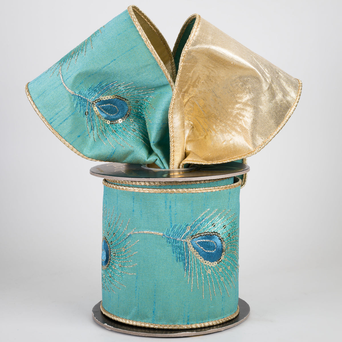 4" Peacock Feather Sequin Embroidered Dupioni & Metallic Dupioni Fused Ribbon: Teal & Gold (5 Yards)