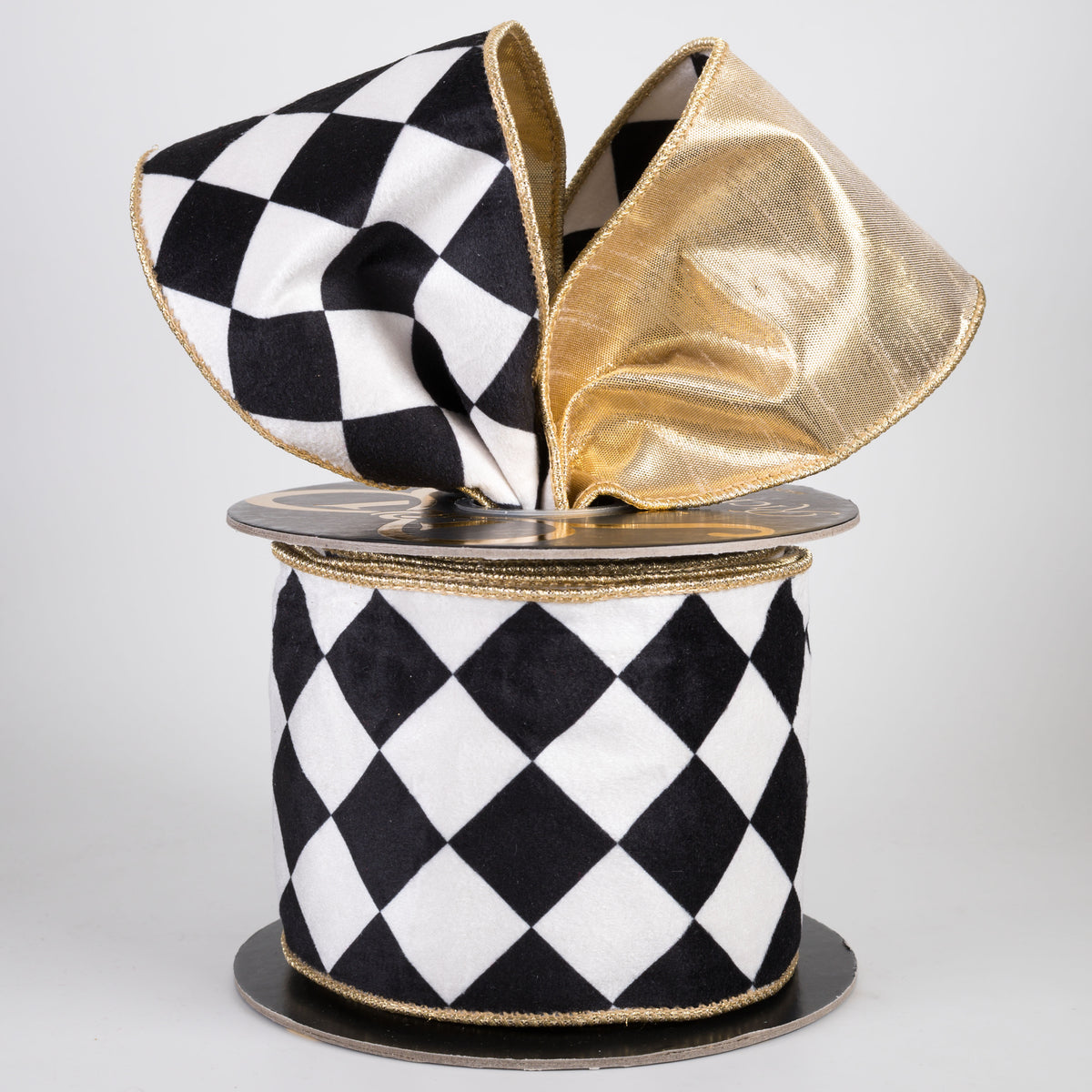 4" Harlequin Diamond Velvet & Metallic Dupioni Fused Ribbon: Black, White & Gold (10 Yards)