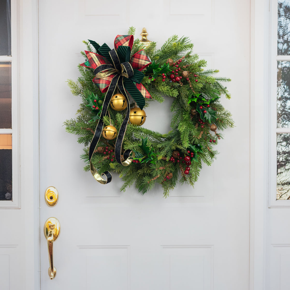 14" Brush Pine with Rusty Bells and Red Berries Pick