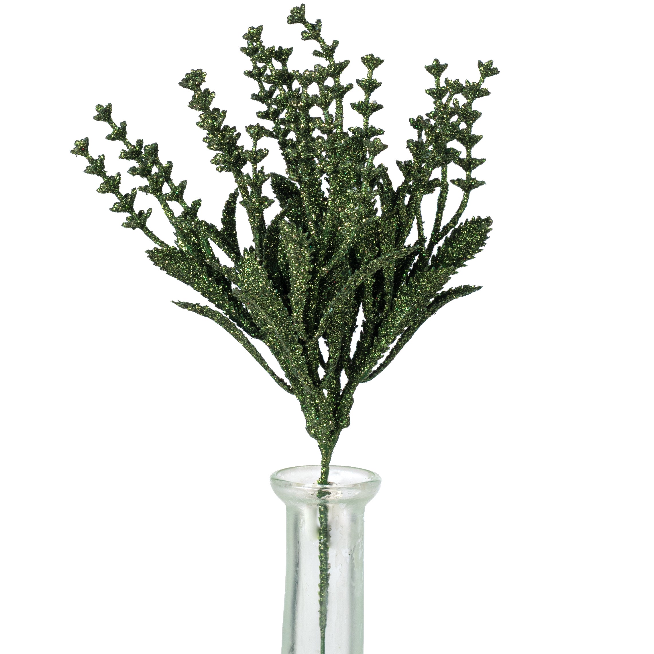 11" Glittered Flowering Leaf Pick: Moss Green