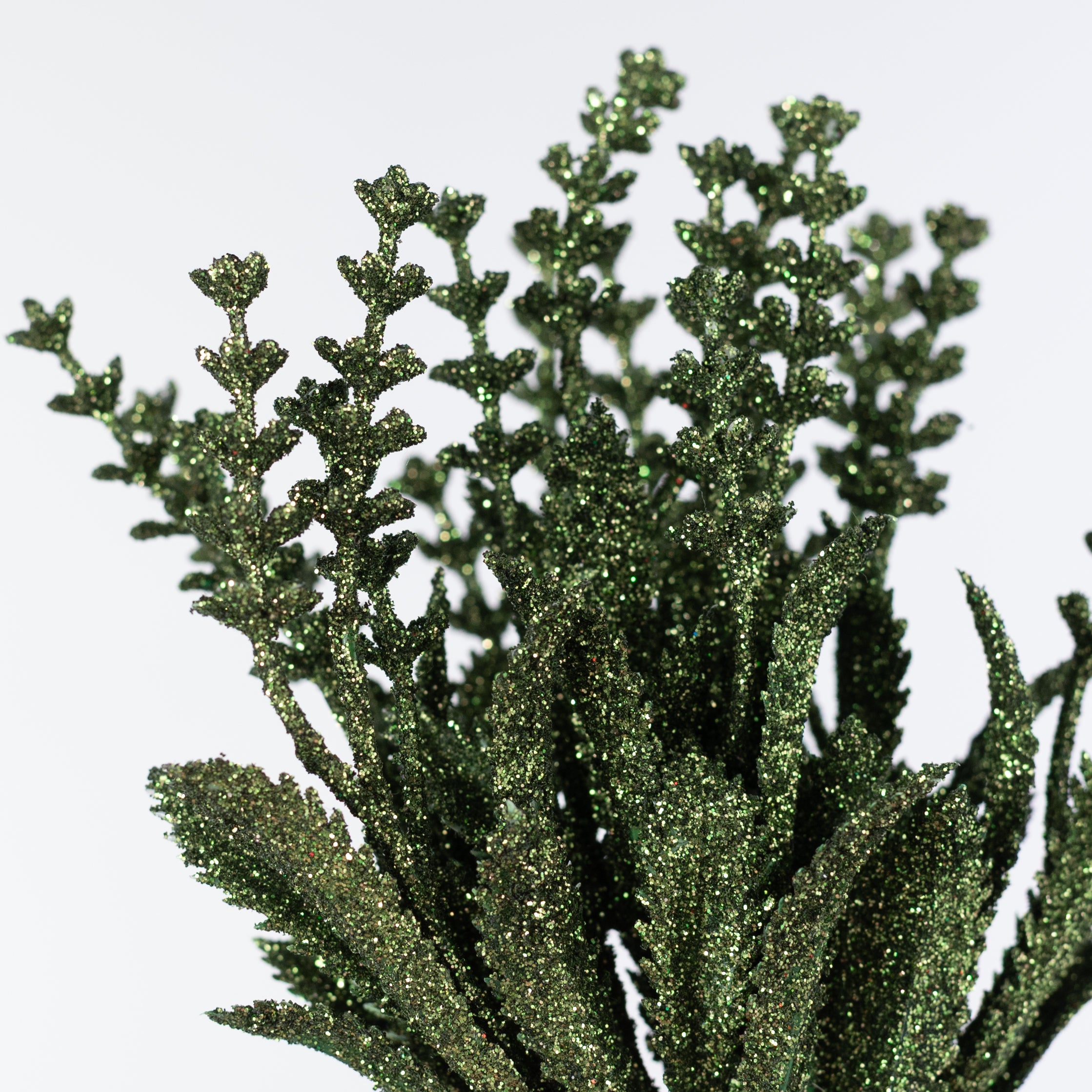 11" Glittered Flowering Leaf Pick: Moss Green