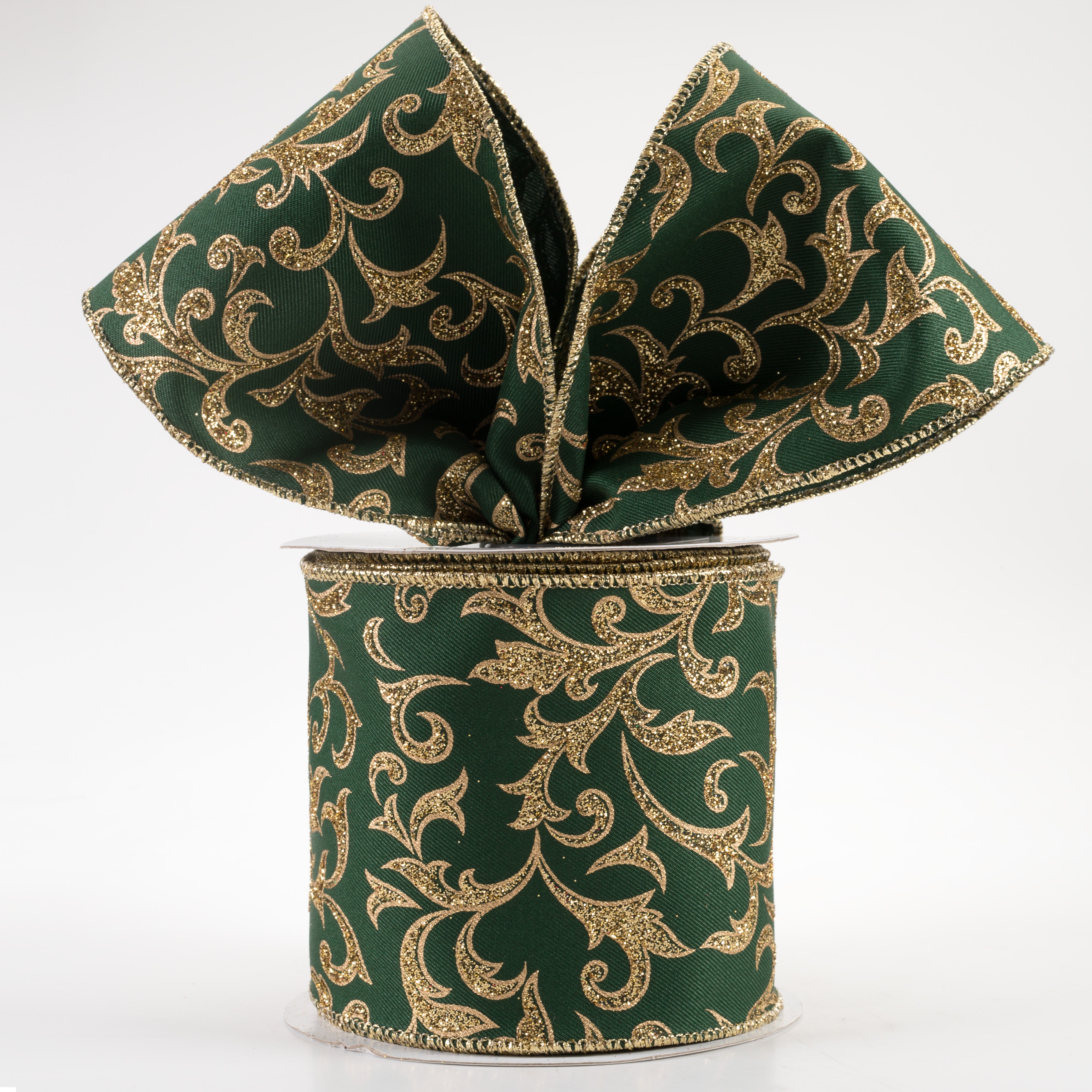 4" Acanthus Leaf Ribbon: Hunter Green & Gold (10 Yards) Lifestyle Photo