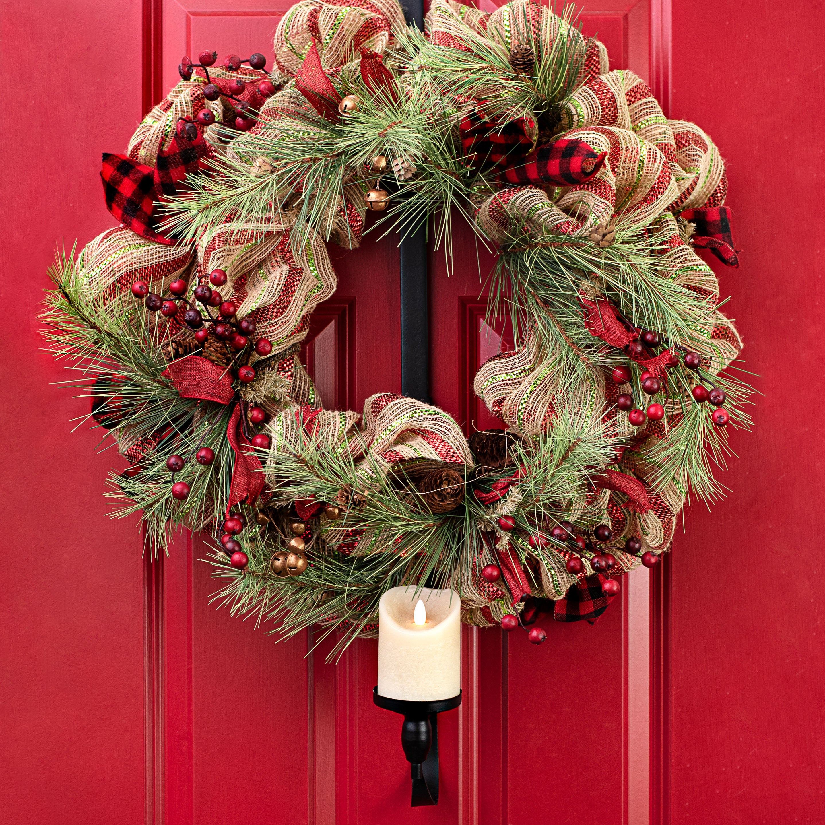 30" Adjustable Over the Door Wreath Hanger with Candle Holder Lifestyle Photo