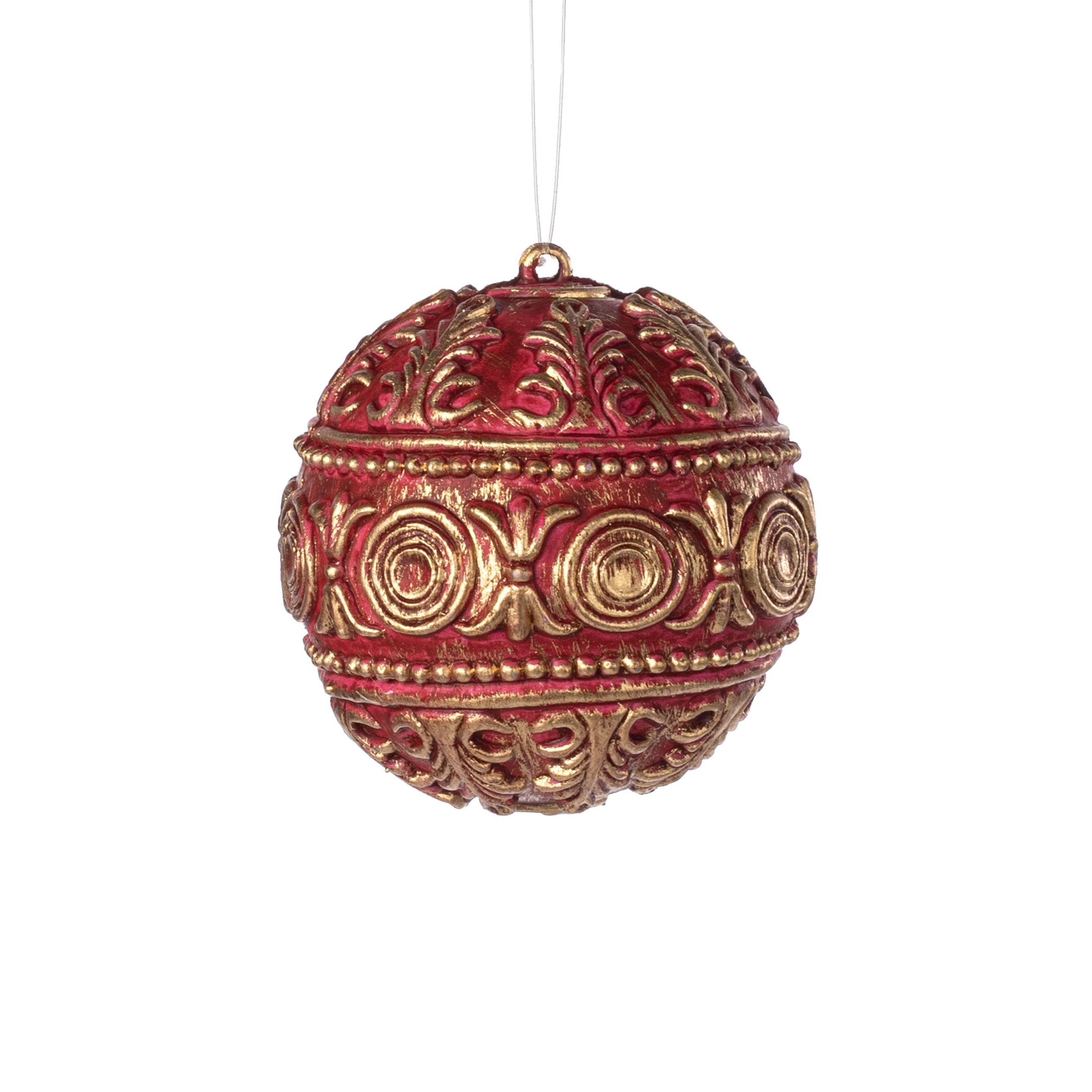 4" Antiqued Plastic Ball Ornament: Dark Red & Gold Item Number: 32179-DK.RDGD