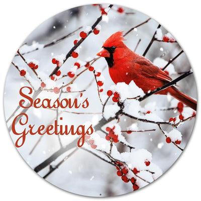 12" Round Metal Sign: Season's Greetings Cardinal