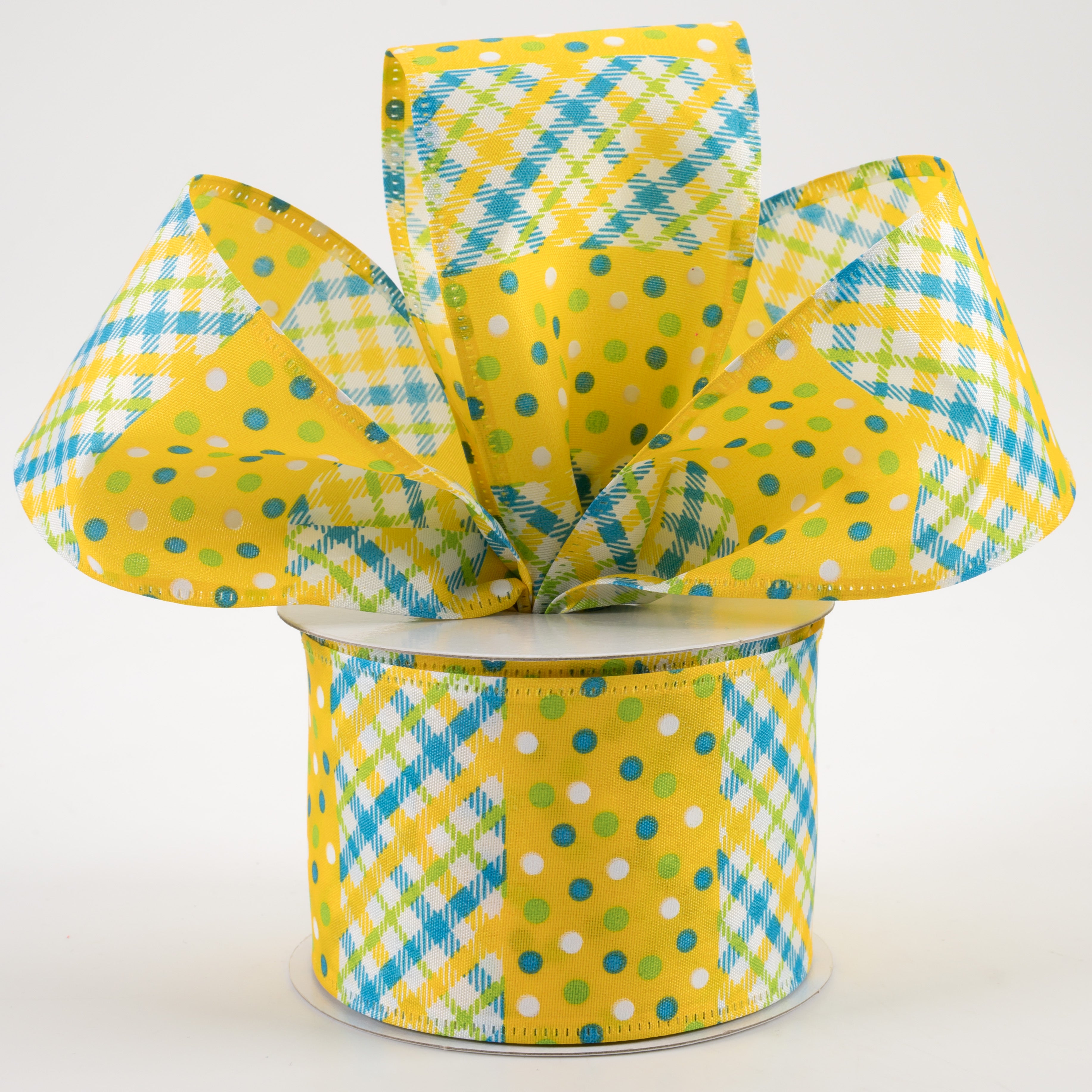 2.5" Argyle & Dot Stripes Ribbon: Yellow, Lime, Blue, White (10 Yards) Lifestyle Photo