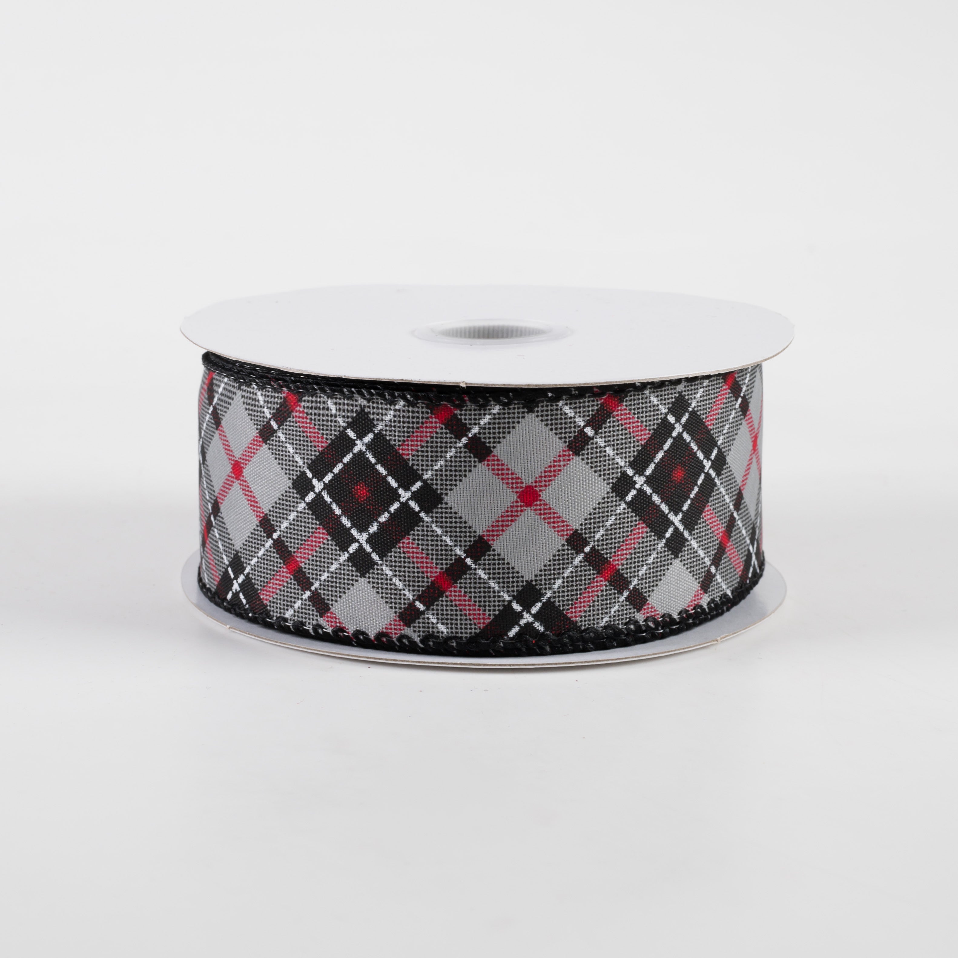 1.5" Argyle Satin Ribbon: Grey, Black, White, Red (10 Yards)