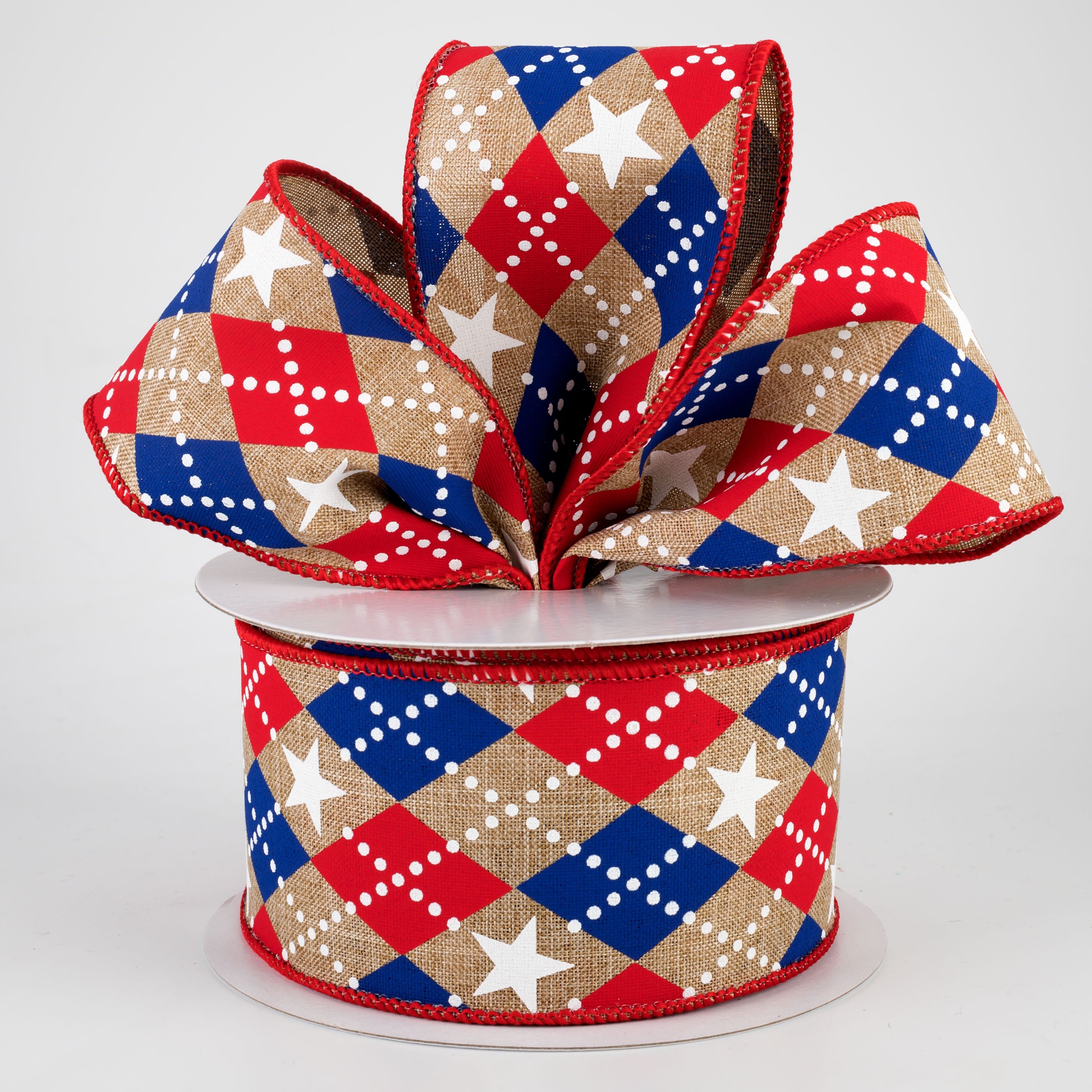2.5" Argyle Stars Ribbon: Beige, Red, White, Blue (10 Yards) Lifestyle Photo