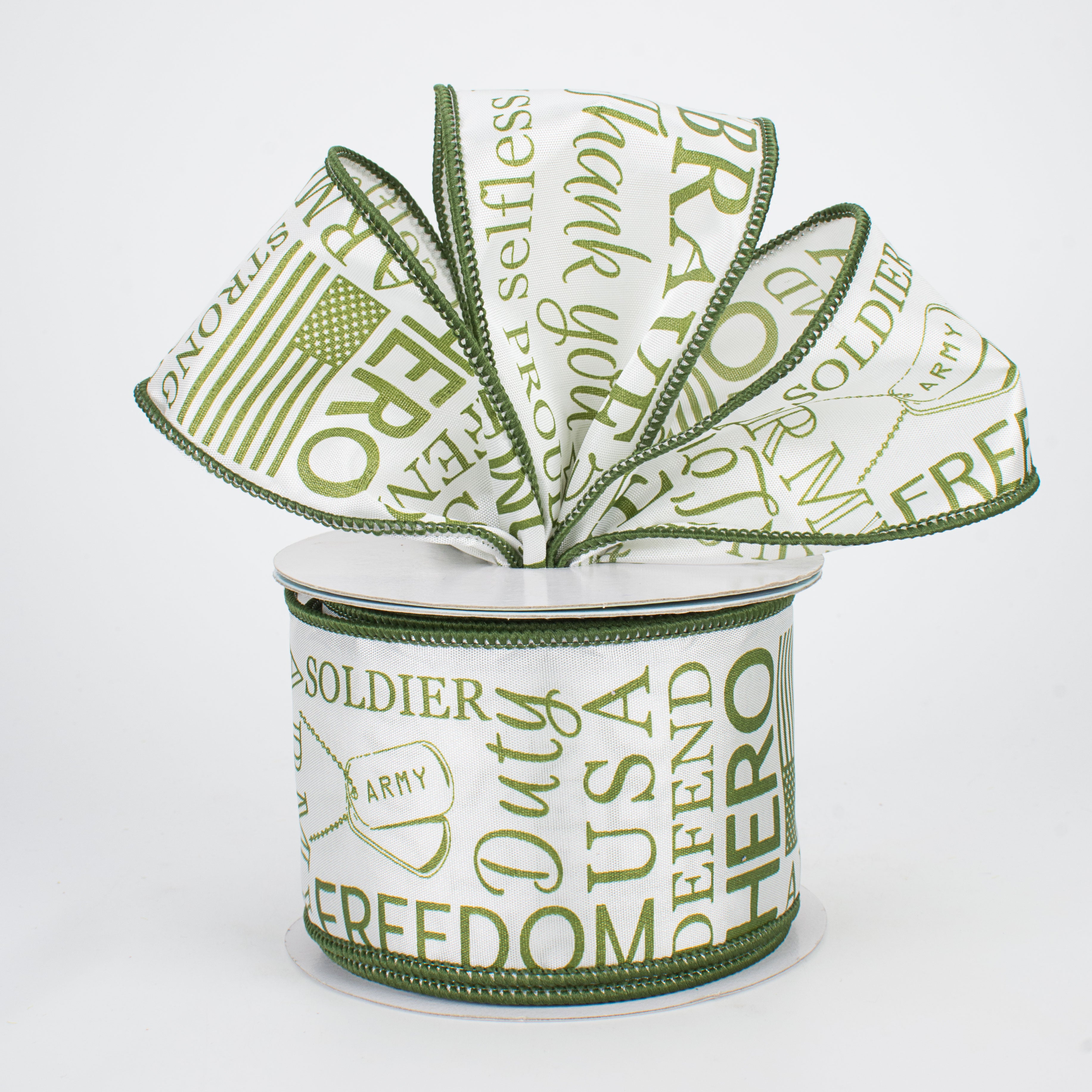 2.5" Army Ribbon: Army Green & White (10 Yards) Lifestyle Photo