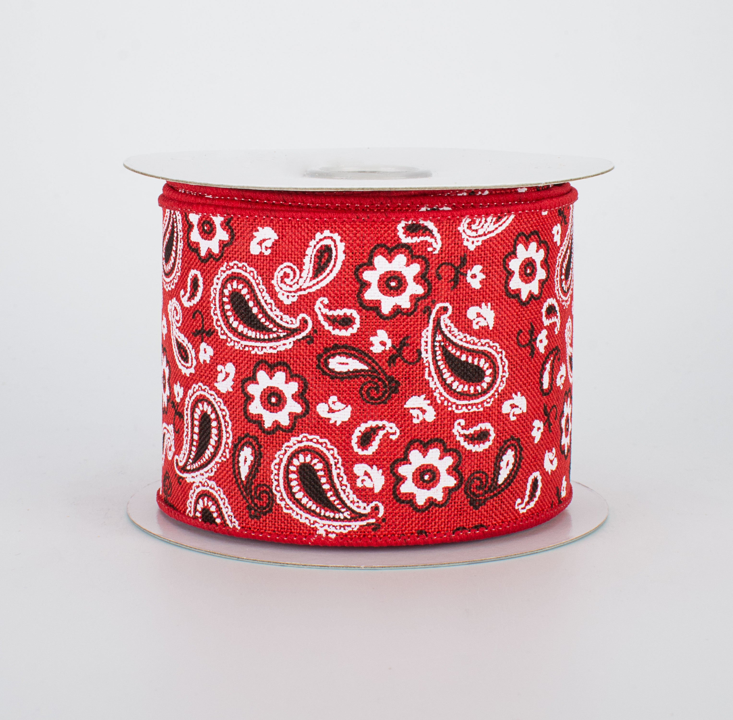 Red bandana print canvas ribbon, showcasing its rustic and textured look