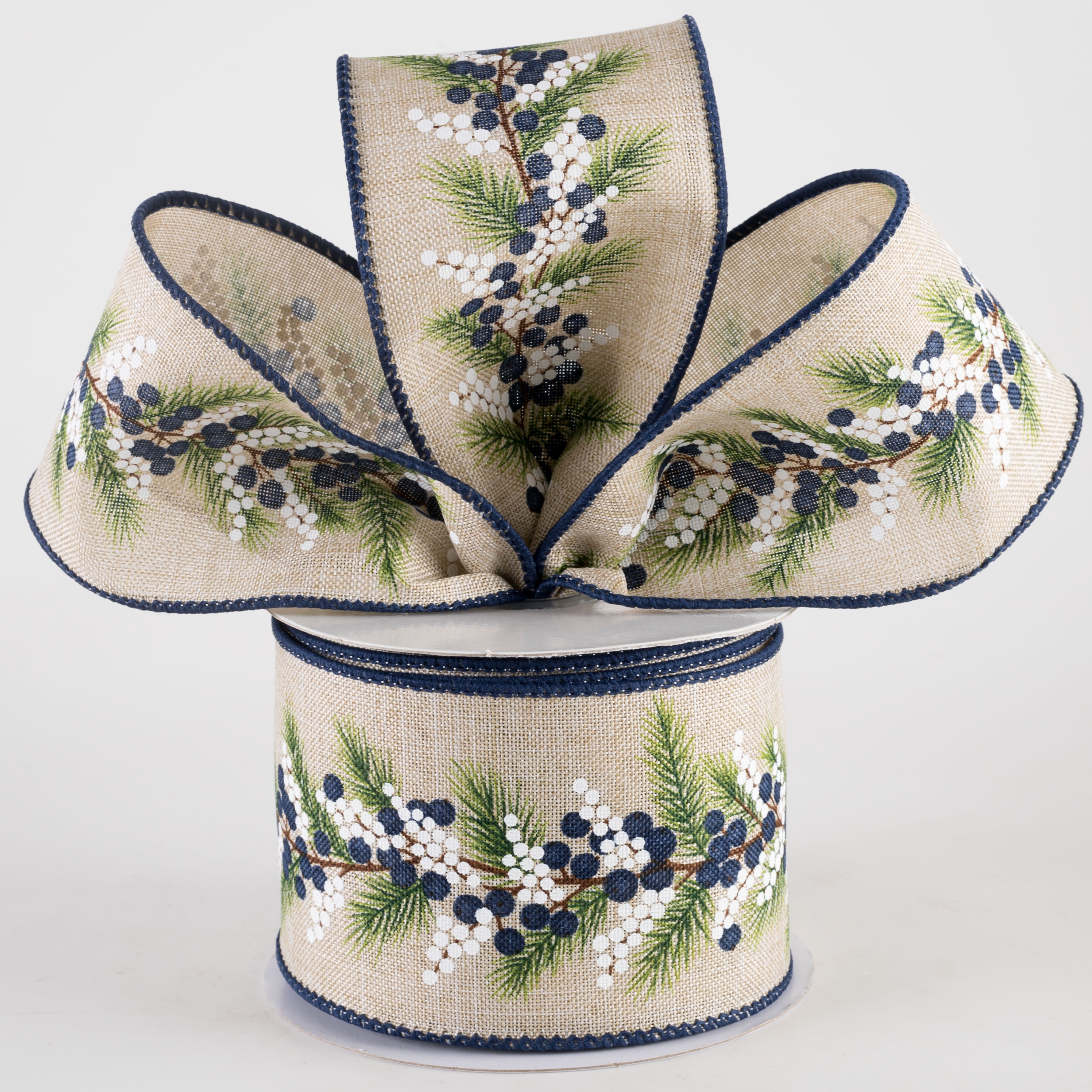 2.5" Berries and Pine Ribbon: Blue & White on Natural (10 Yards) Lifestyle Photo