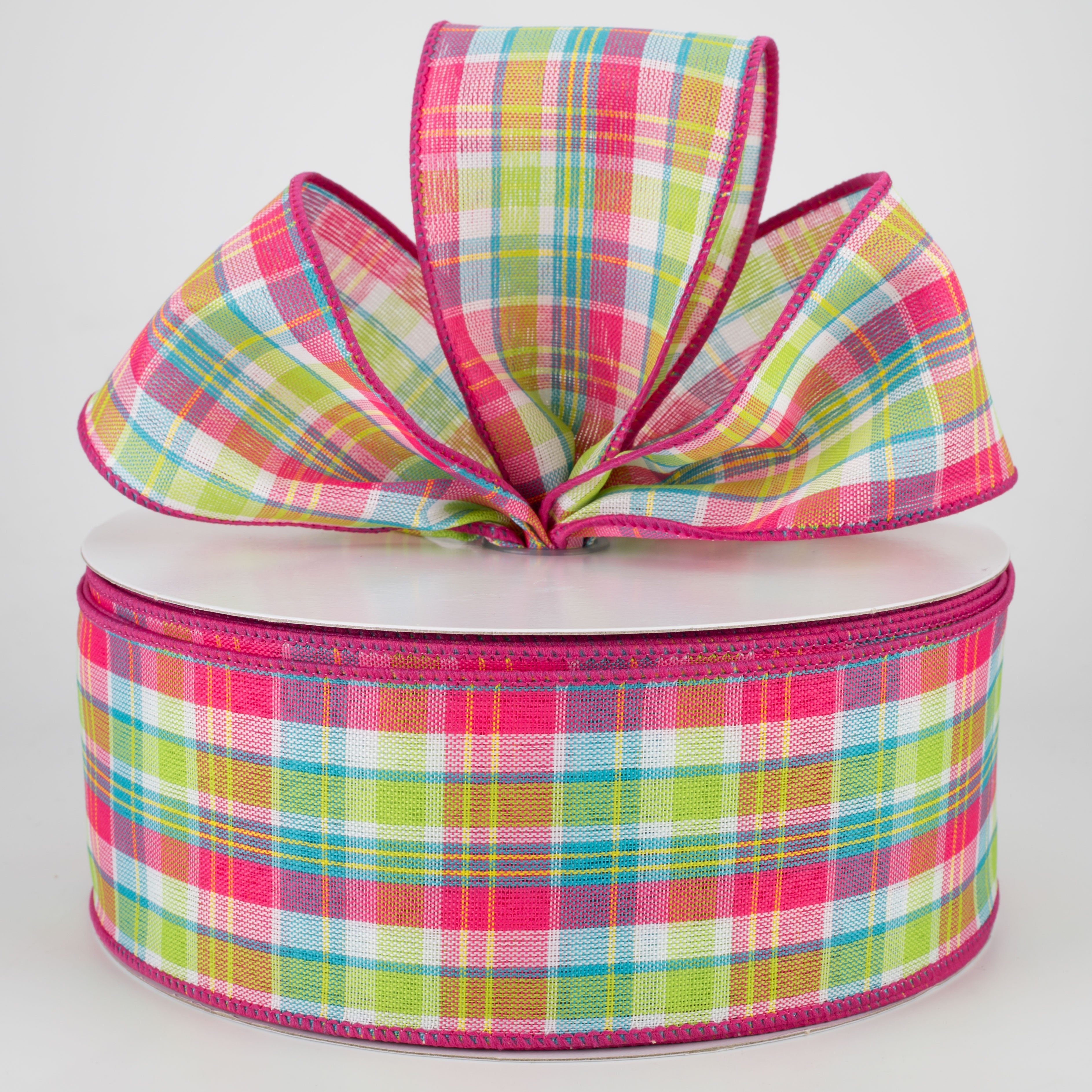 2.5" Bertie Plaid Ribbon: Fuchsia, Turquoise, Yellow, White (50 Yards) Lifestyle Photo