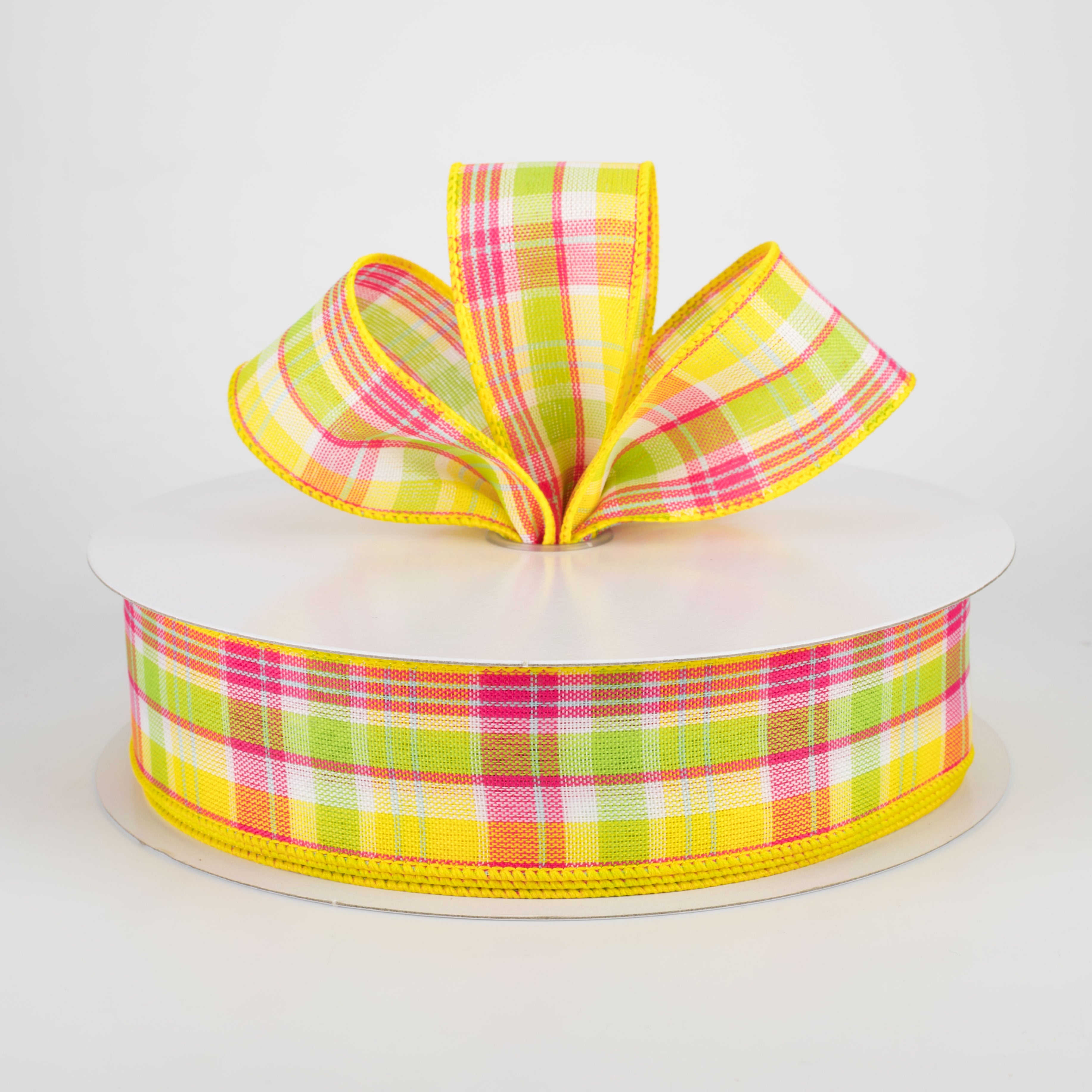 1.5" Bertie Plaid Ribbon: Yellow, Fuchsia, Lime, White (50 Yards) Lifestyle Photo