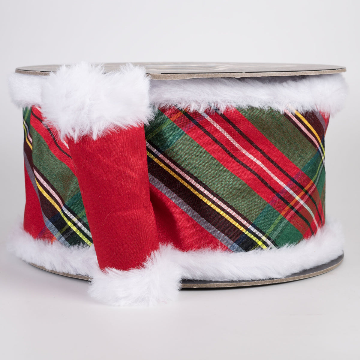 4" Bias Plaid Dupioni & Fused Dupioni Ribbon with Fur Piping: Red (10 Yards) Item Number: RR0010