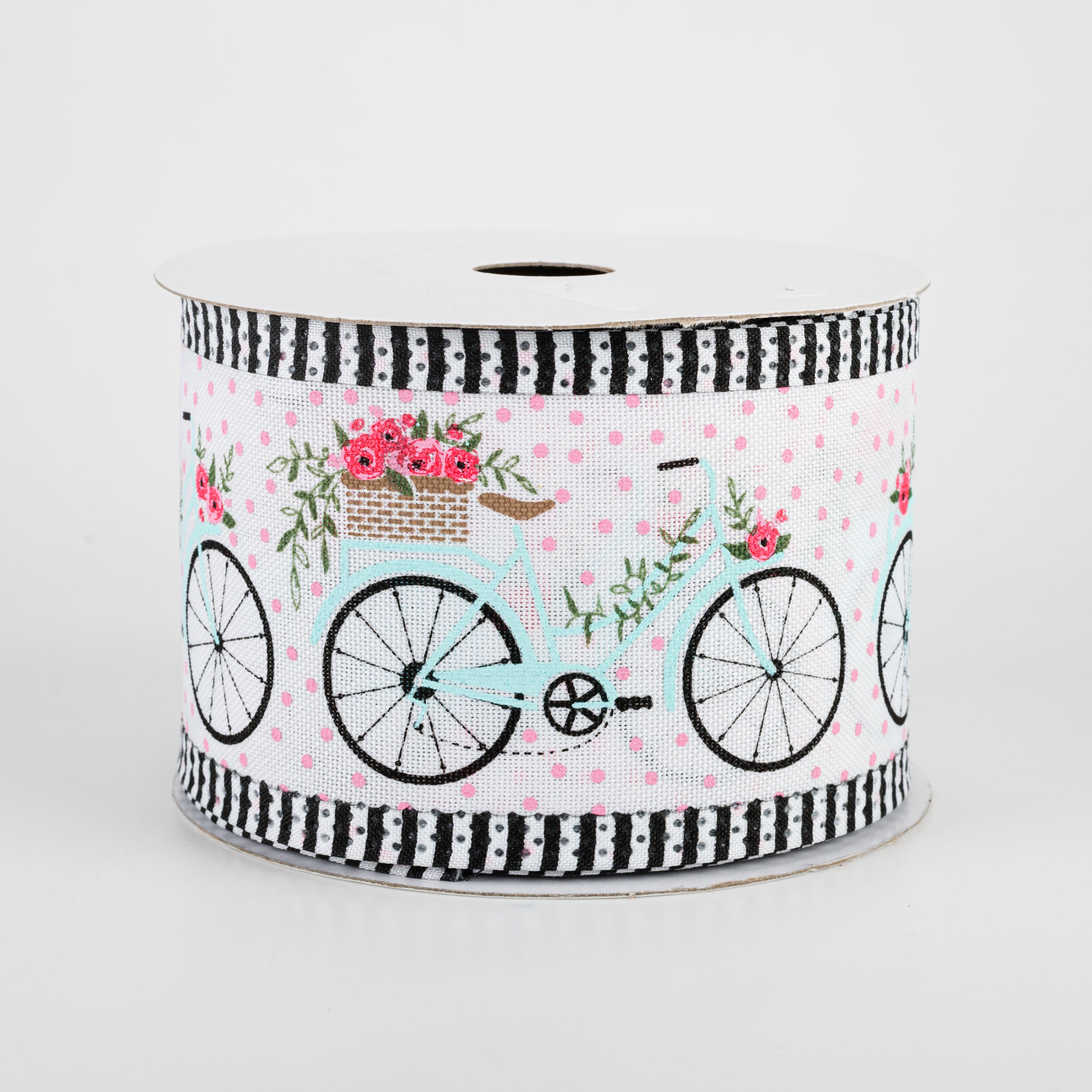 2.5" Bicycles & Blooms Stripe Edge Ribbon: White (10 Yards)