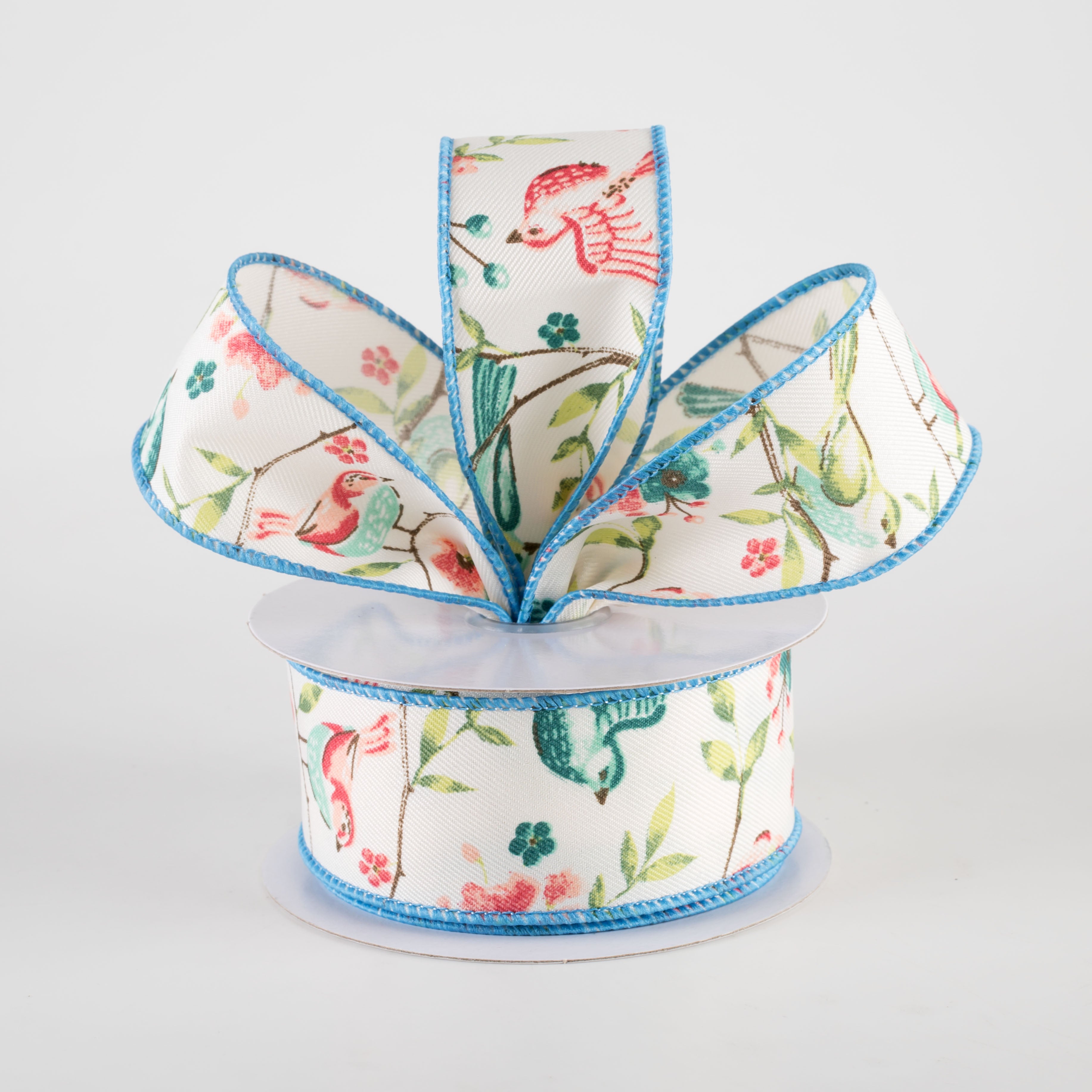 1.5" Birds With Floral Branches Ribbon: Ivory, Green, Teal, Rose (10 Yards) Lifestyle Photo