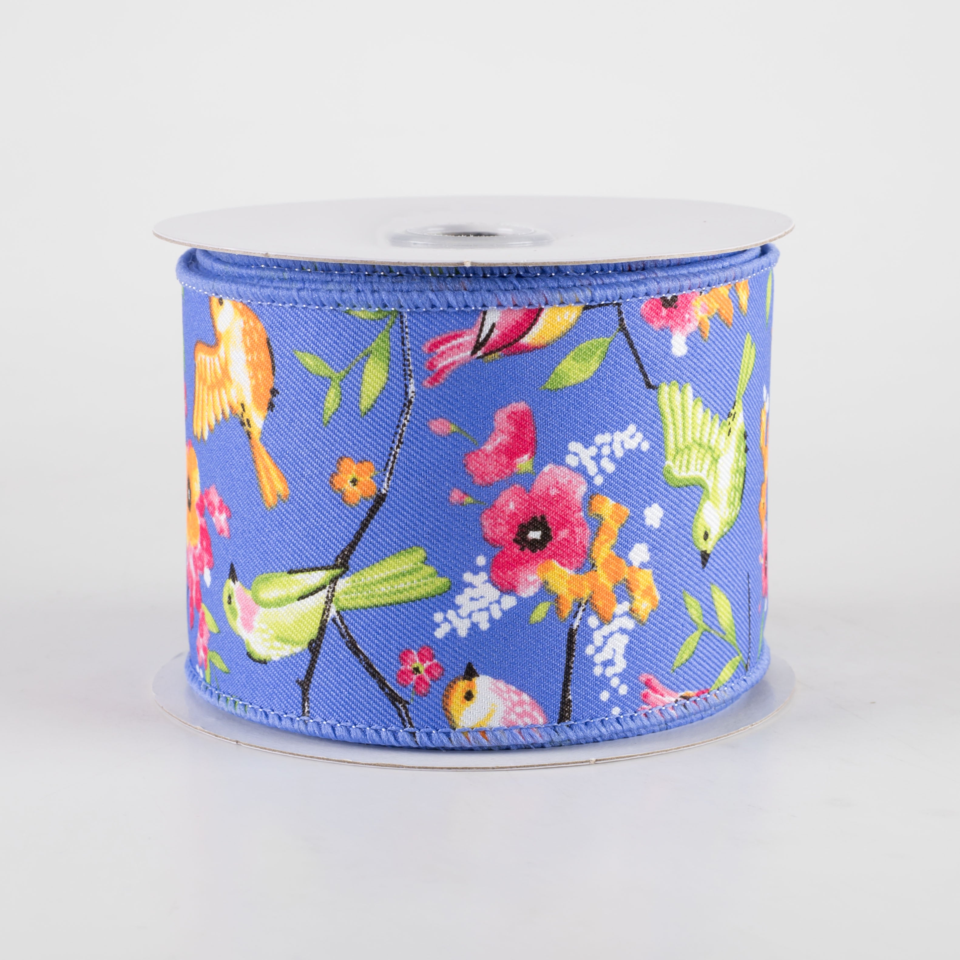 2.5" Birds With Floral Branches Ribbon: Medium Blue, Pink, Orange (10 Yards)