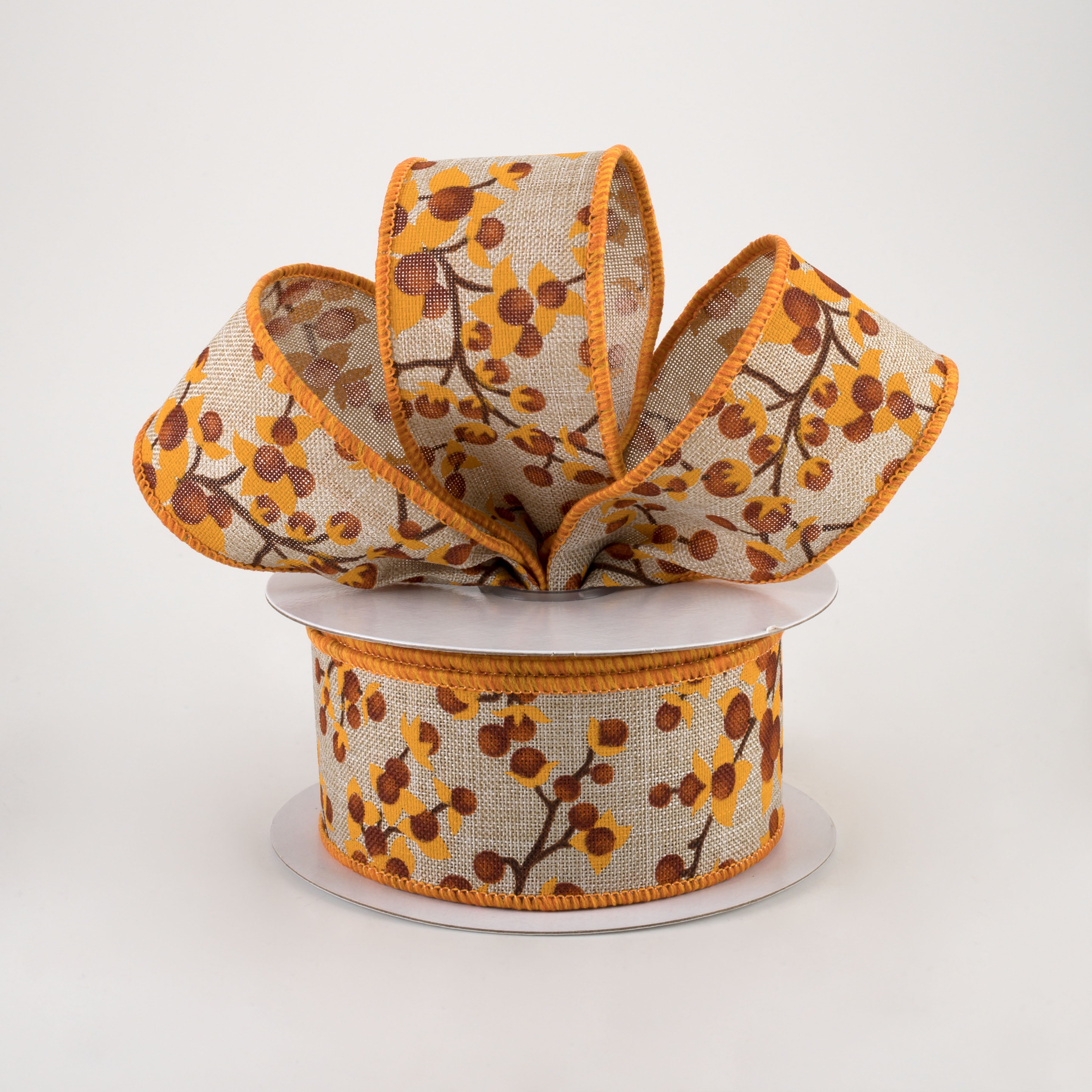 1.5" Bittersweet Berries Ribbon: Natural, Mustard, Rust (10 Yards) Lifestyle Photo