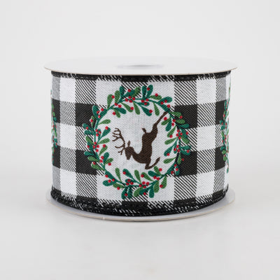2.5" Black & White Buffalo Plaid Deer Wreath Ribbon (10 Yards) Item Number: 71189-40-01