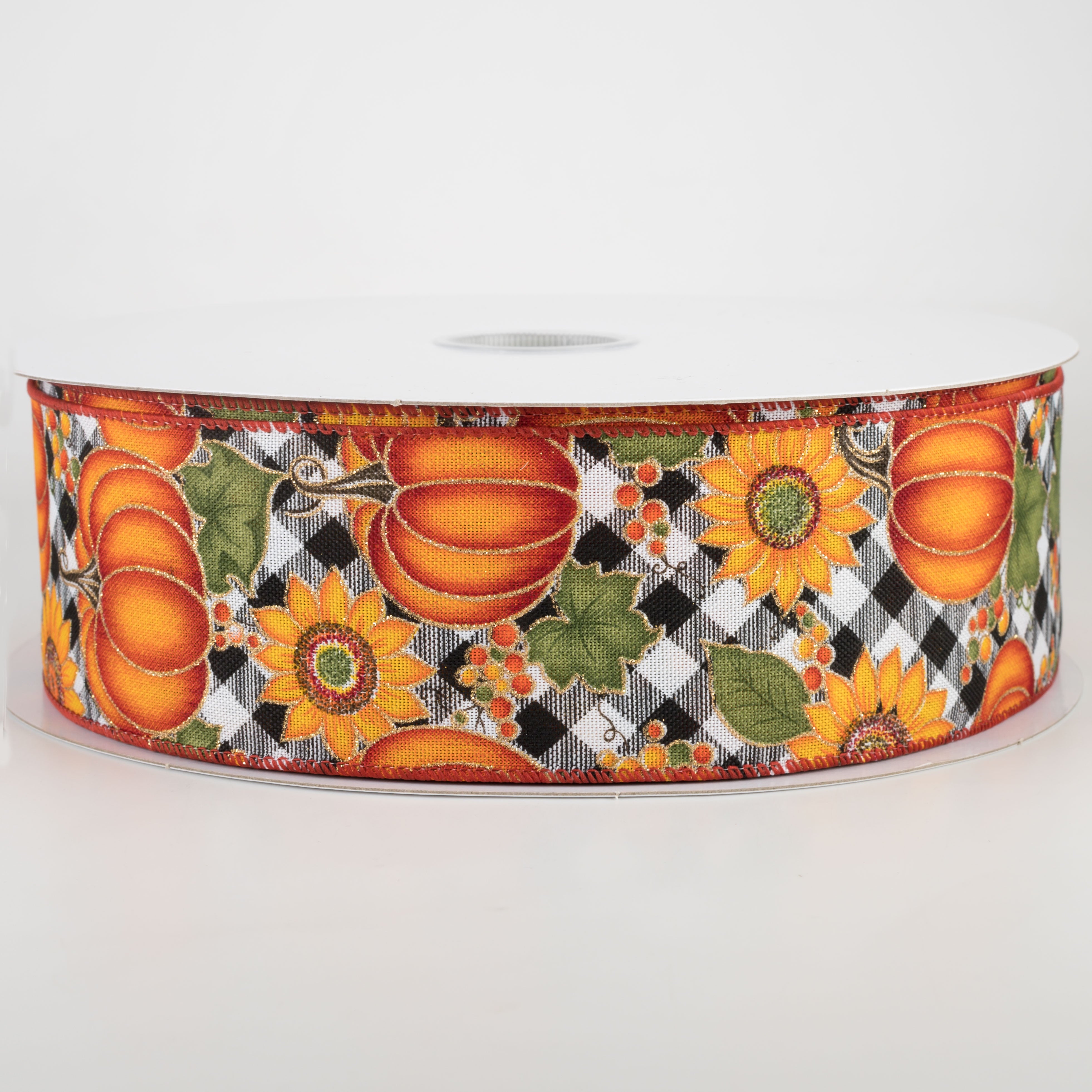 2.5" Black & White Buffalo Plaid Pumpkin, Sunflower Ribbon (50 Yards)
