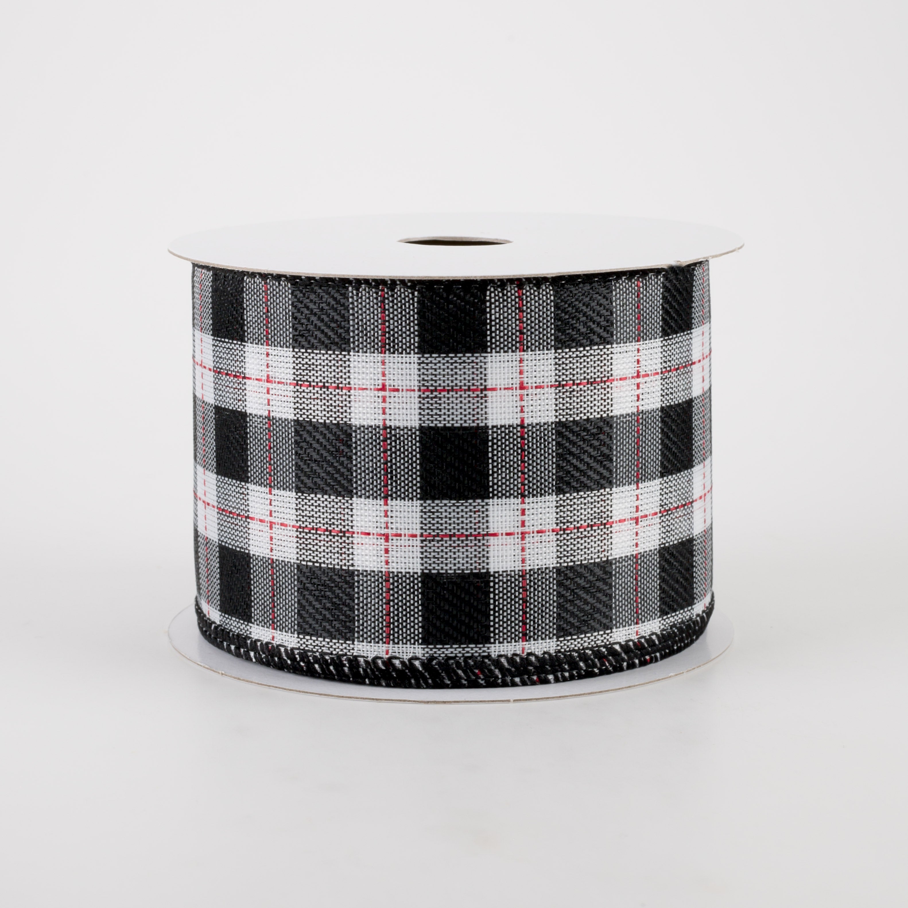 2.5" Black & White Buffalo Plaid Ribbon: Red Stitching (10 Yards)