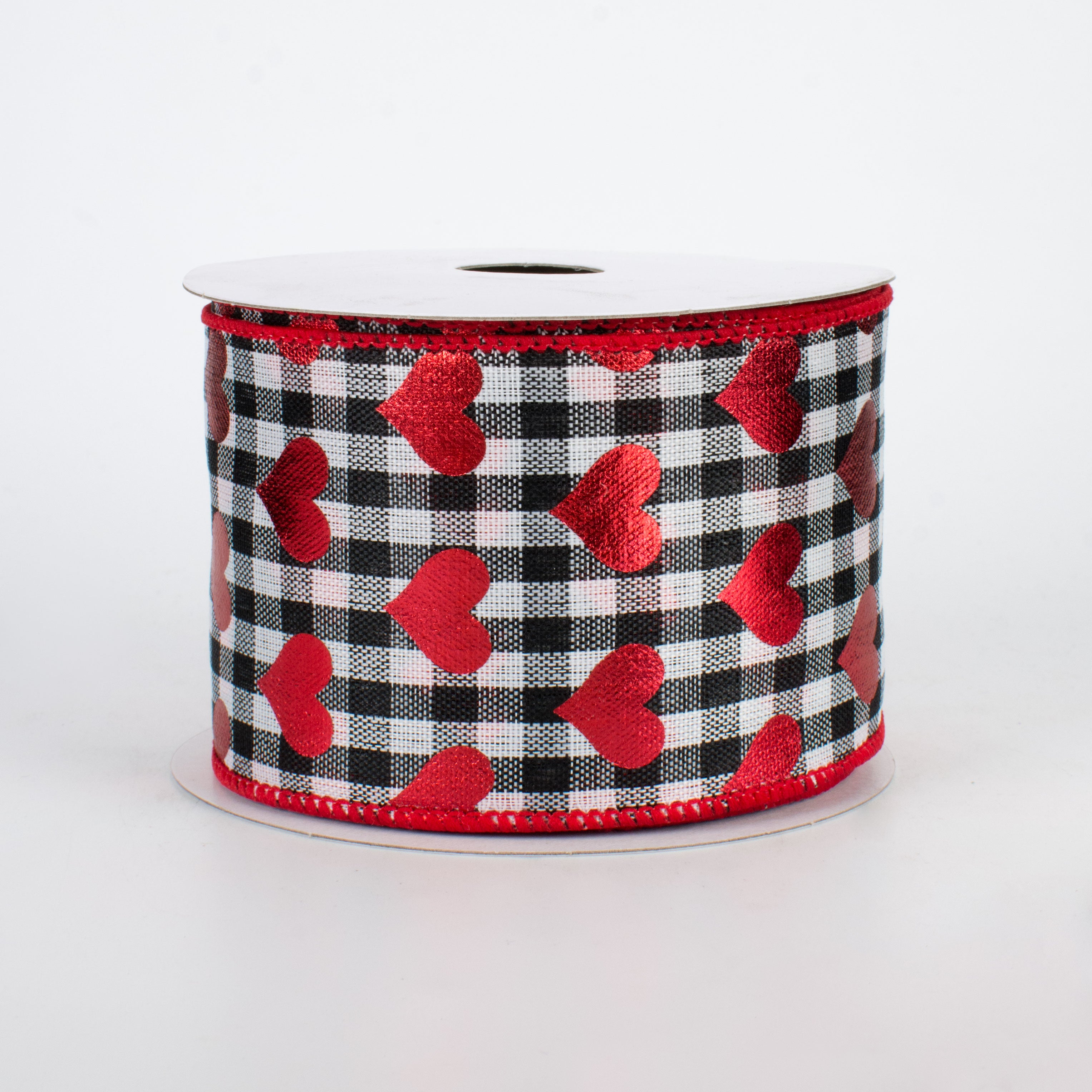 2.5" Black & White Gingham Metallic Heart Ribbon (10 Yards)