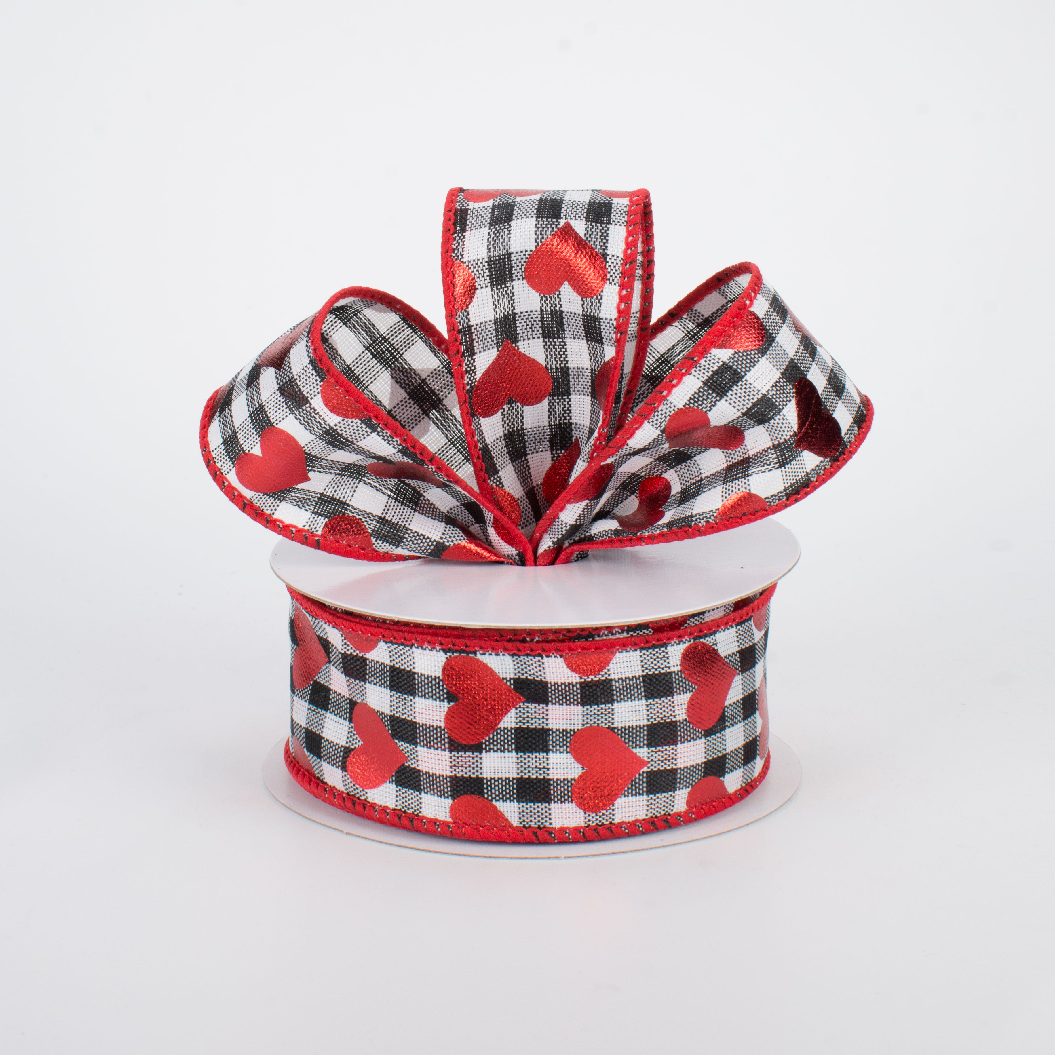 1.5" Black & White Gingham Metallic Heart Ribbon (10 Yards) Lifestyle Photo