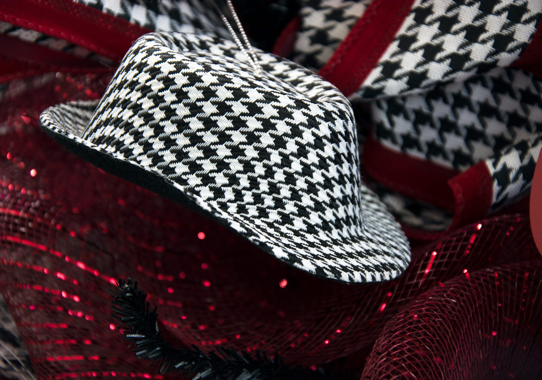 Black & White Houndstooth Hat Ornament (4.75") Lifestyle Photo