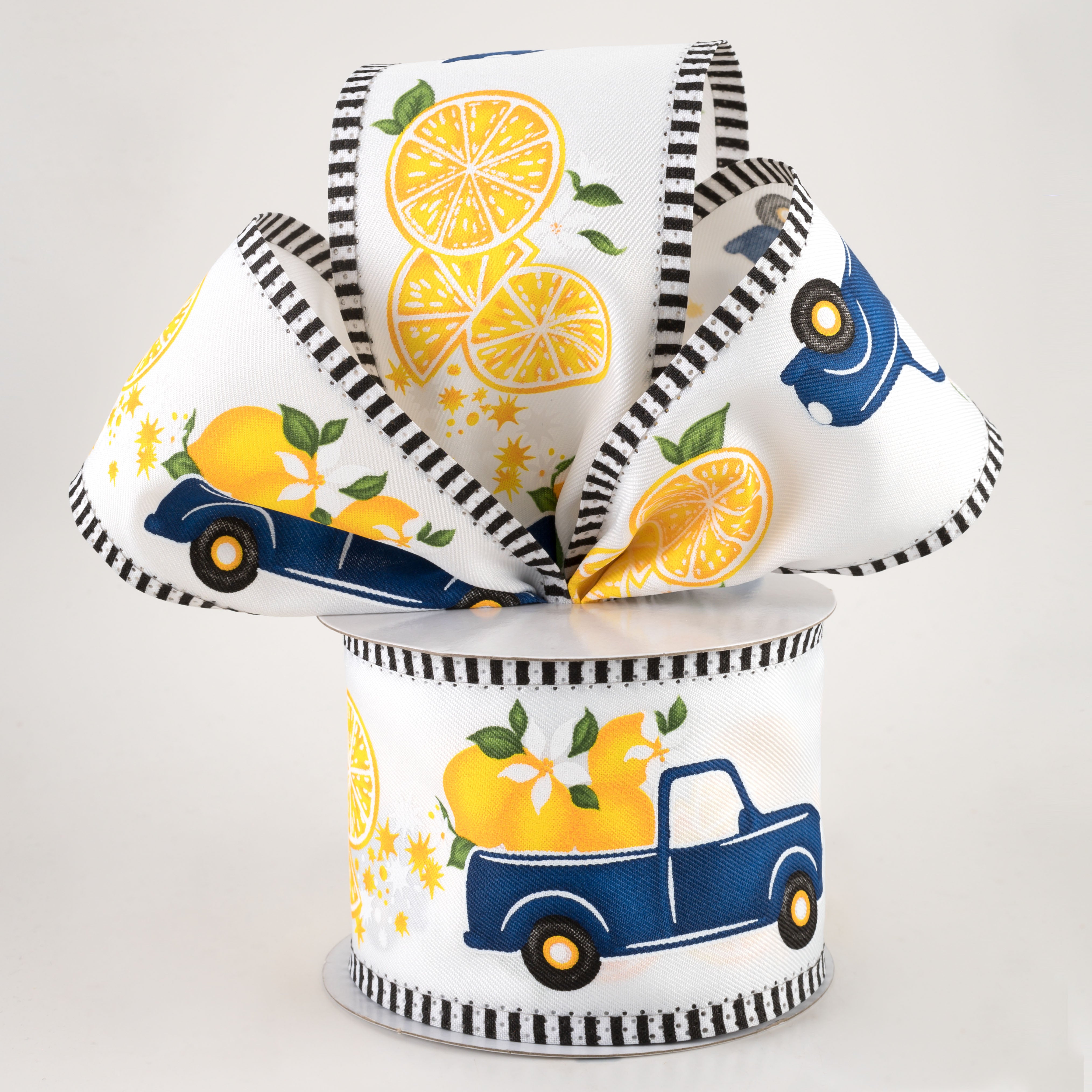 2.75" Blue Truck with Lemons Stripe Edge Ribbon: White (10 Yards) Lifestyle Photo