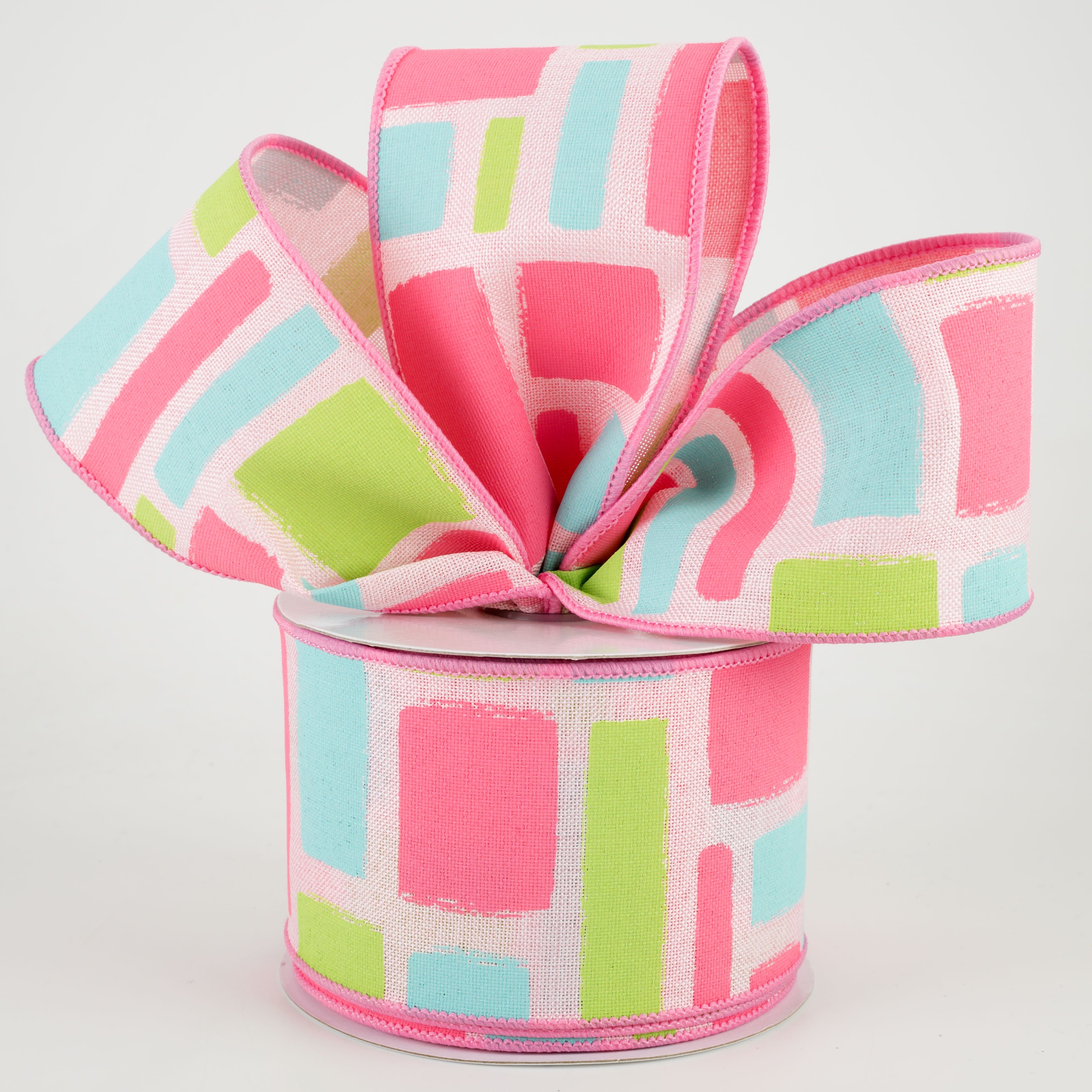2.5" Bold Brush Strokes Ribbon: Pale Pink, Pink, Teal, Light Green (10 Yards) Lifestyle Photo