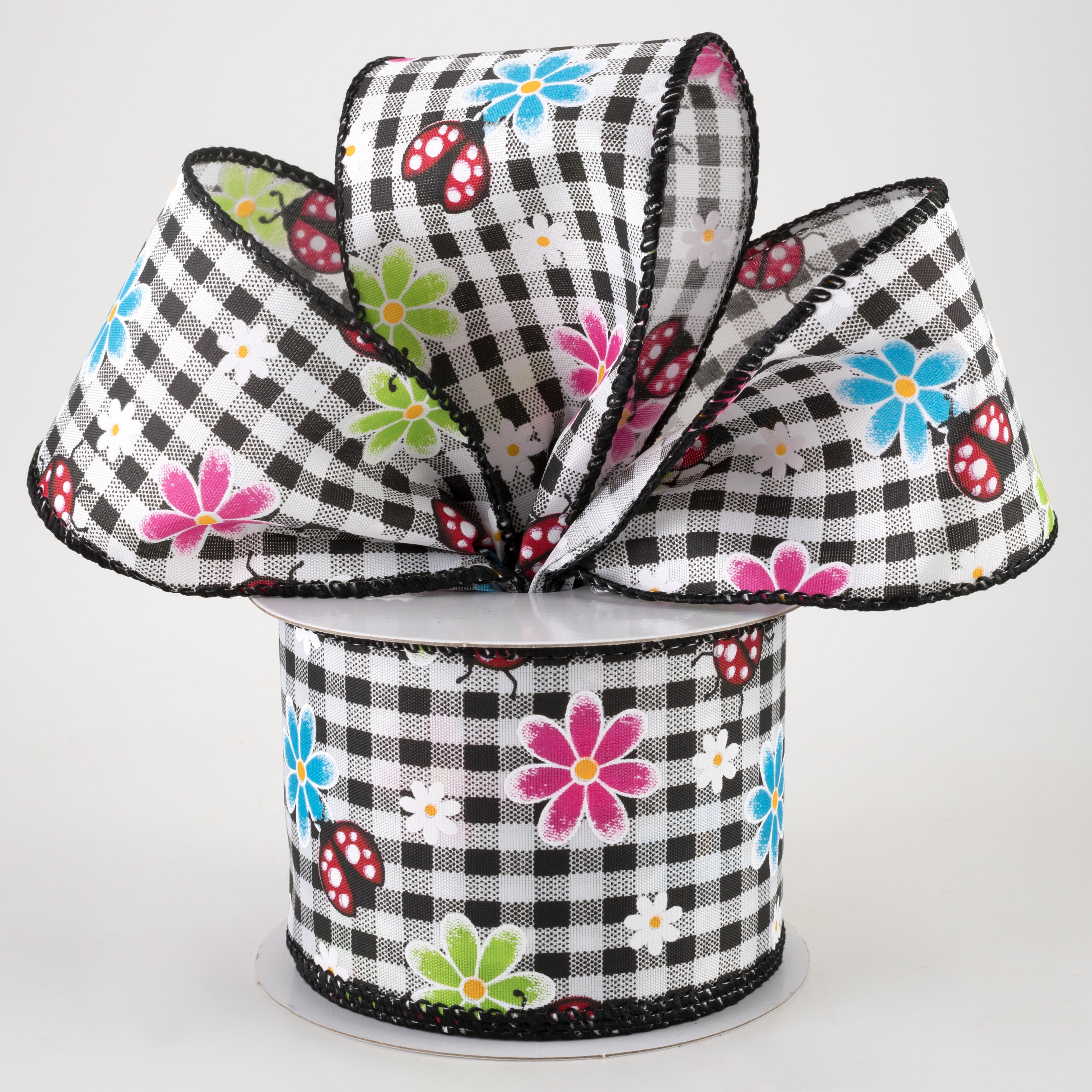 2.5" Bright Daisies and Ladybugs Ribbon: Black & White Gingham (10 Yards) Lifestyle Photo