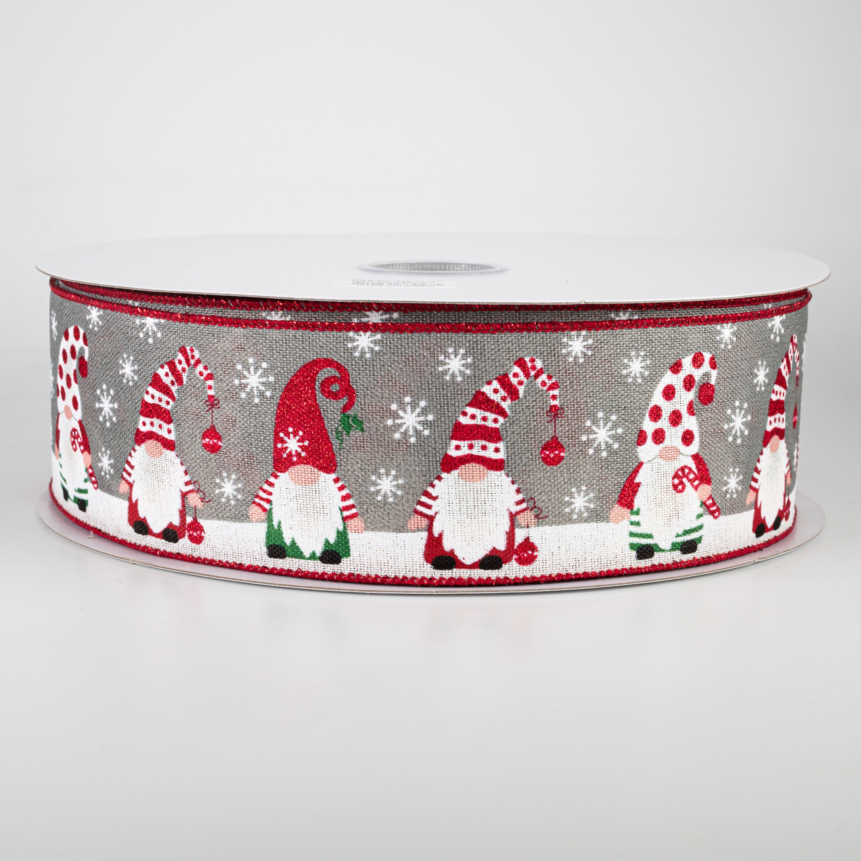 2.5" Bright Holiday Gnomes Ribbon: Grey, Green, Red (50 Yards)