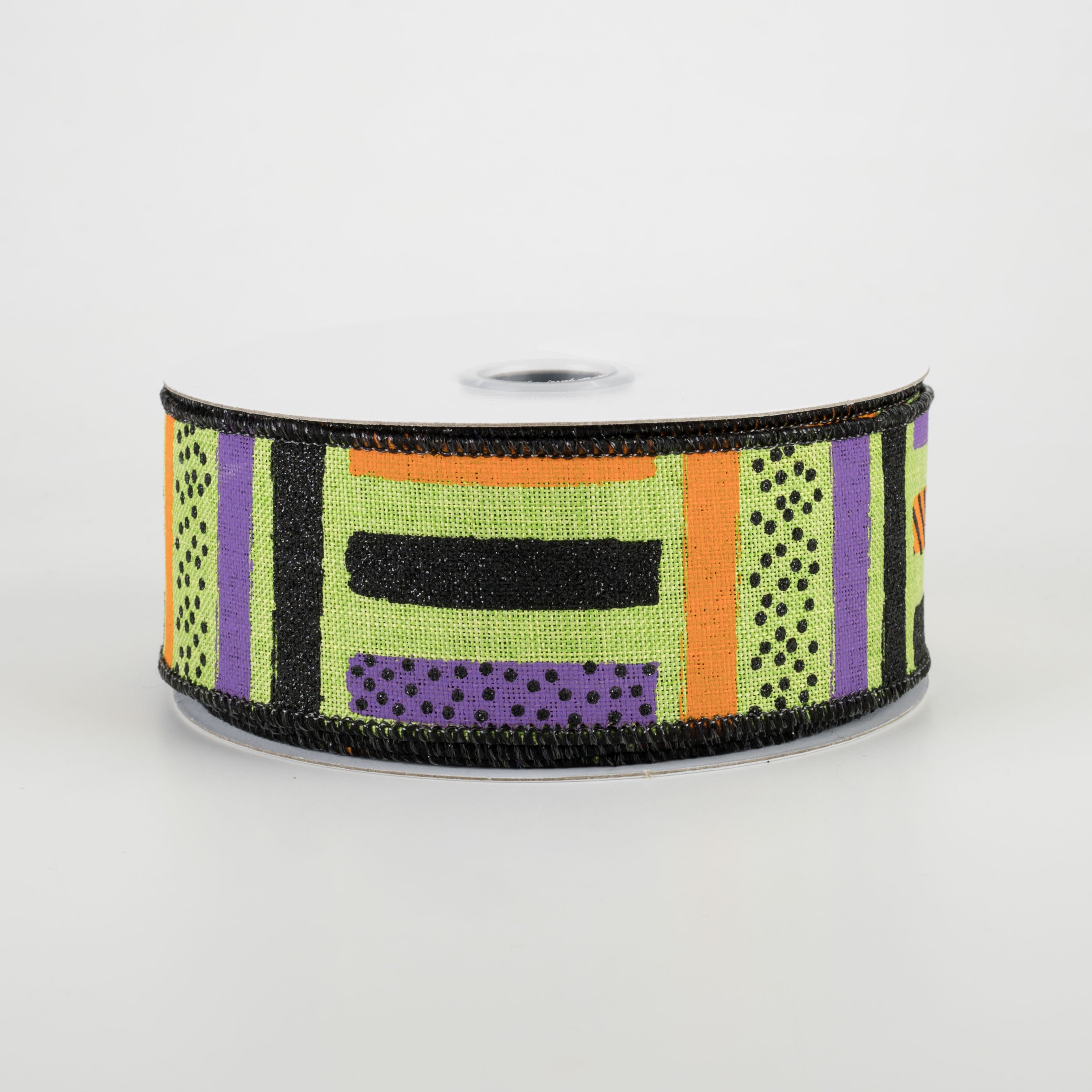 1.5" Brush Stroke Stripes Dots Ribbon: Lime, Black, Orange, Purple (10 Yards)