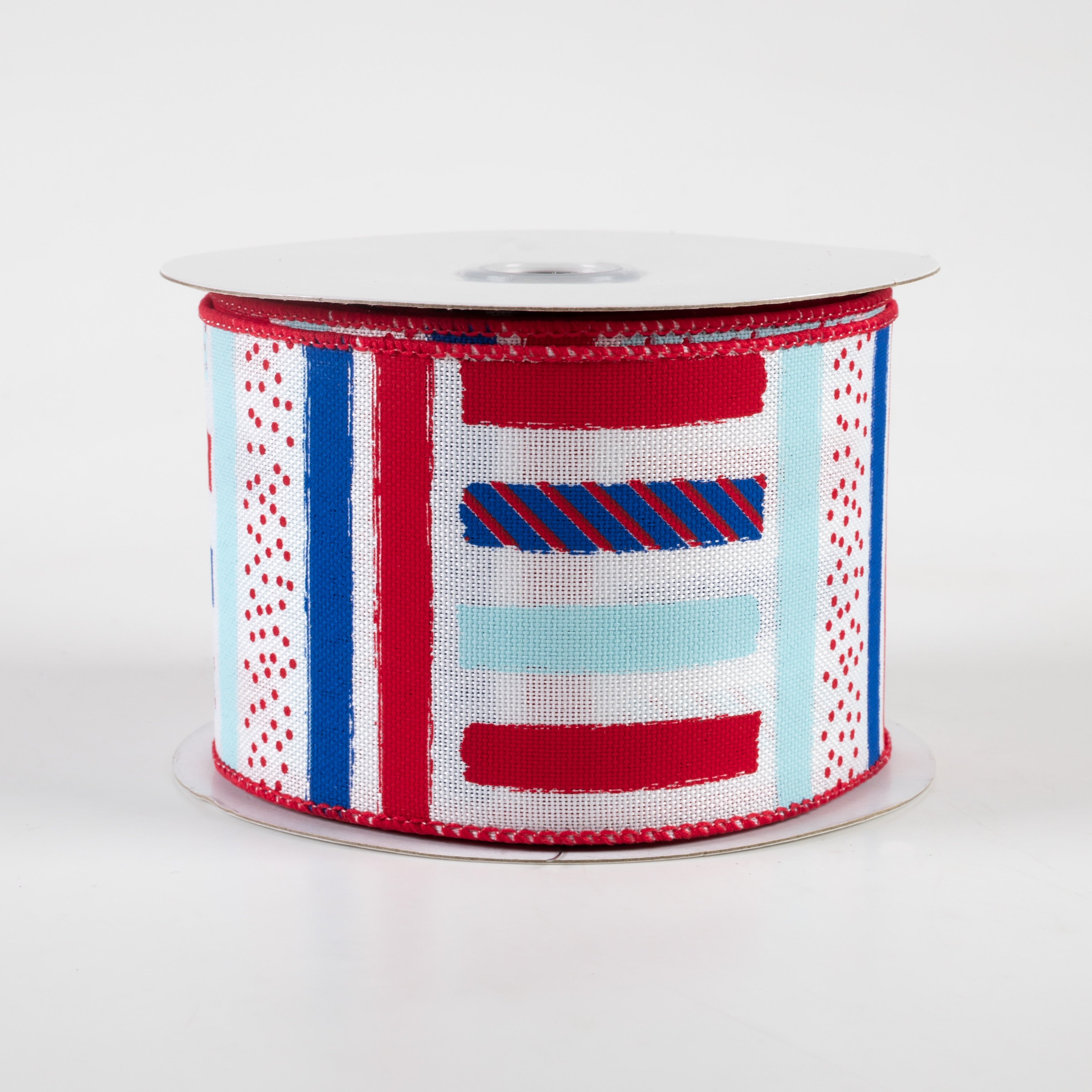 2.5" Brush Stroke Stripes Dots Ribbon: White, Red, Light Blue, Blue (10 Yards)
