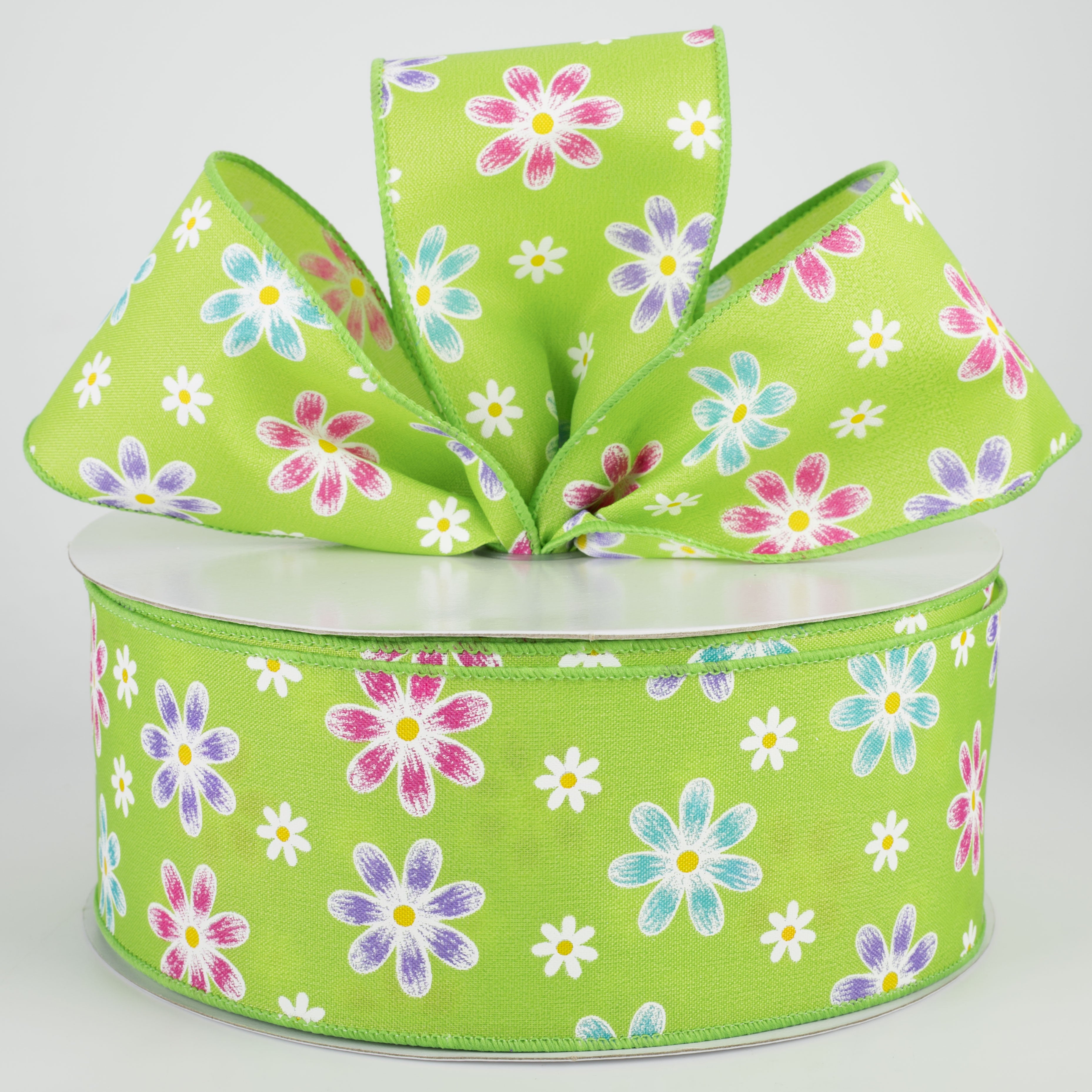 2.5" Brushed Spring Daisies Ribbon: Lime (50 Yards) Lifestyle Photo