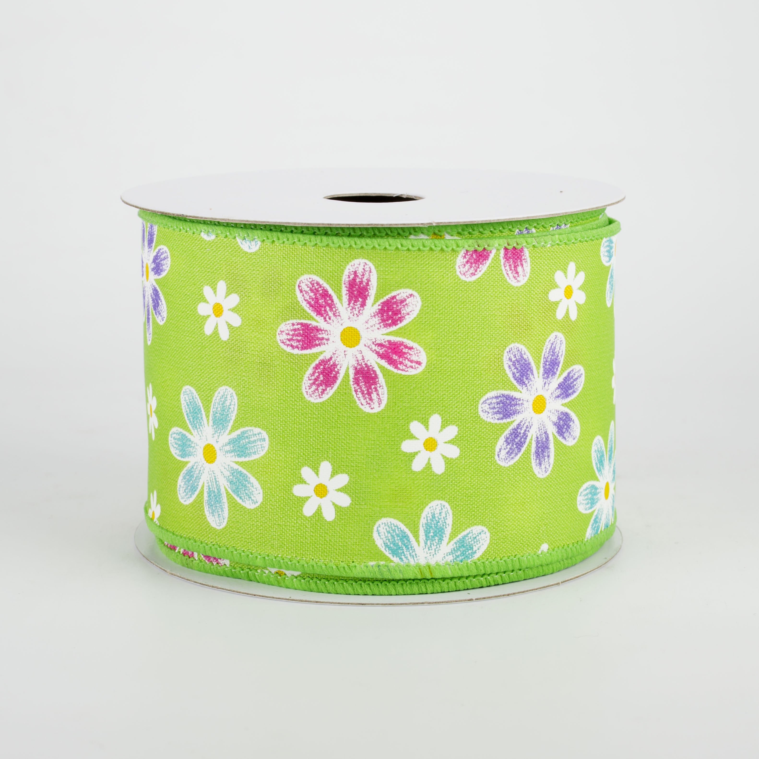 2.5" Brushed Spring Daisies Ribbon: Lime (10 Yards)