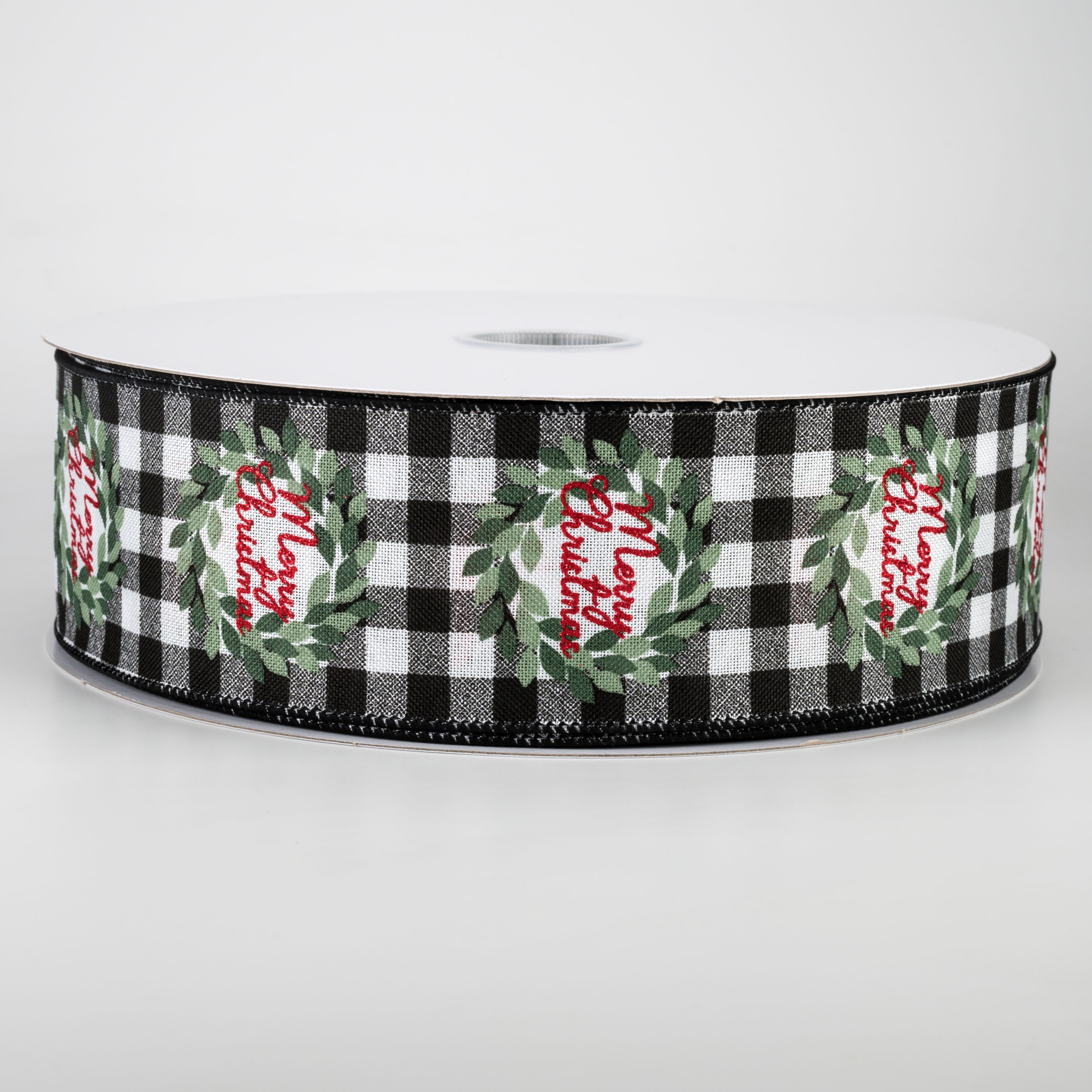 2.5" Buffalo Check Merry Christmas Wreath Ribbon: Black & White (50 Yards)