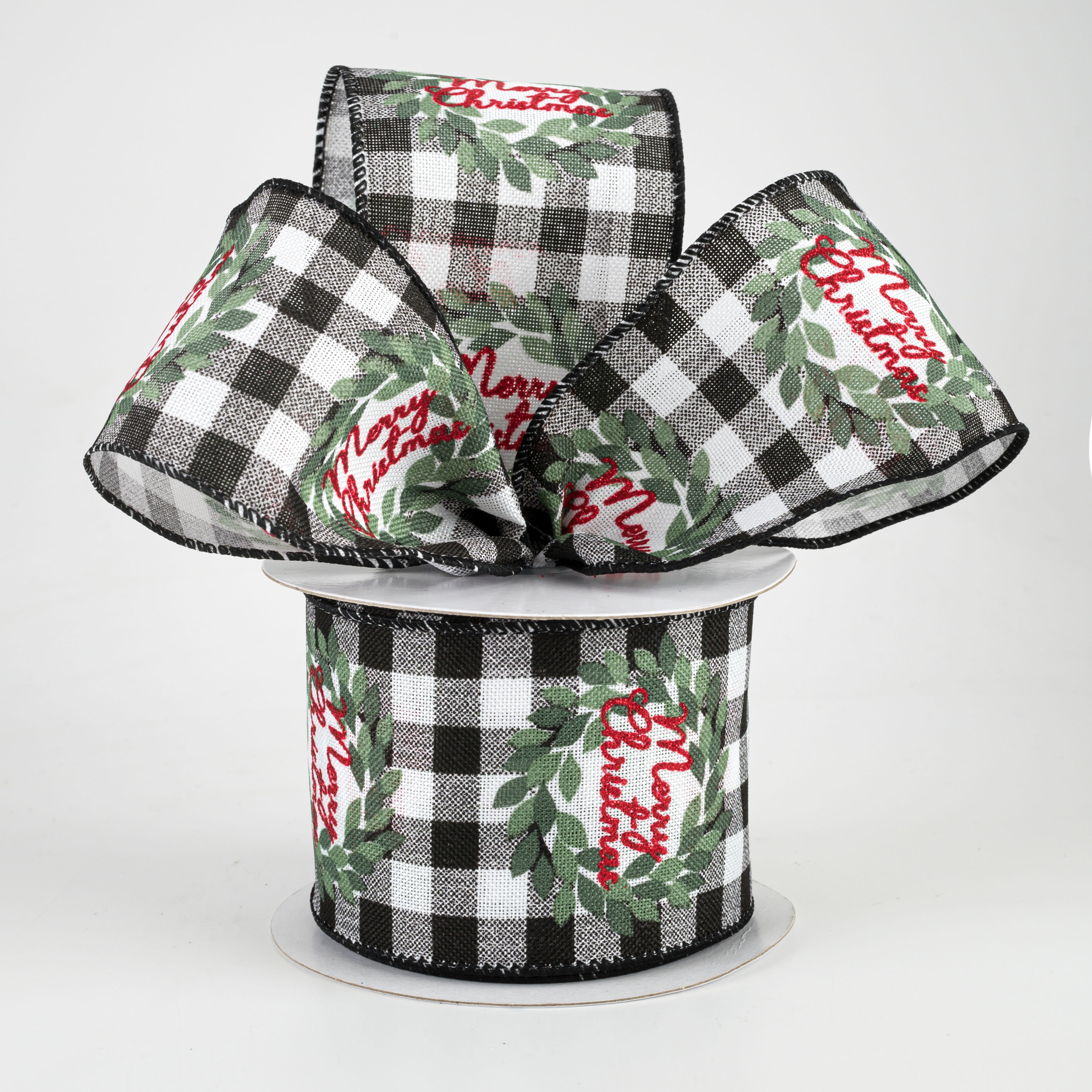 2.5" Buffalo Check Merry Christmas Wreath Ribbon (10 Yards) Lifestyle Photo