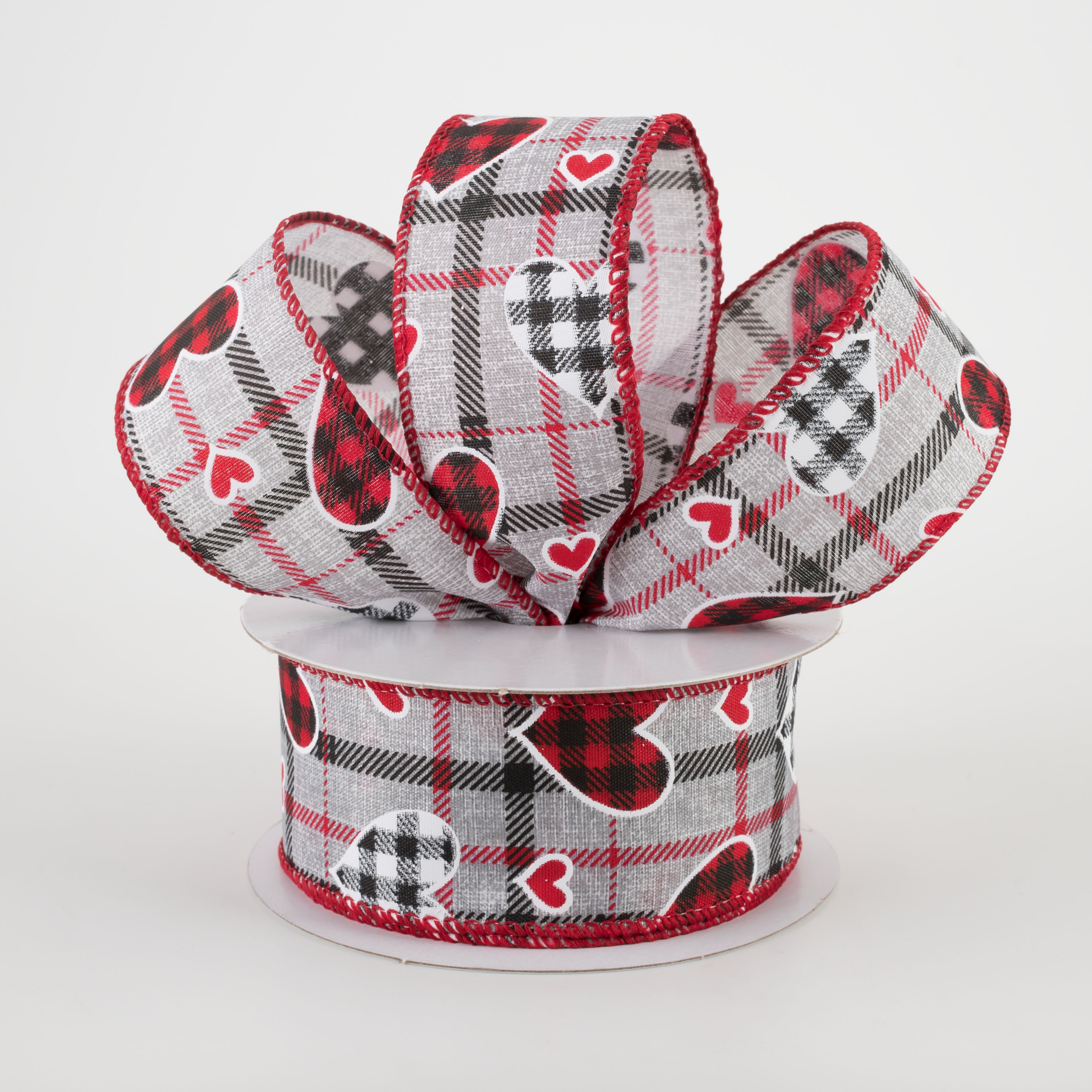 1.5" Buffalo Plaid Hearts on Plaid Ribbon: Grey, Black, Red (10 Yards) Lifestyle Photo