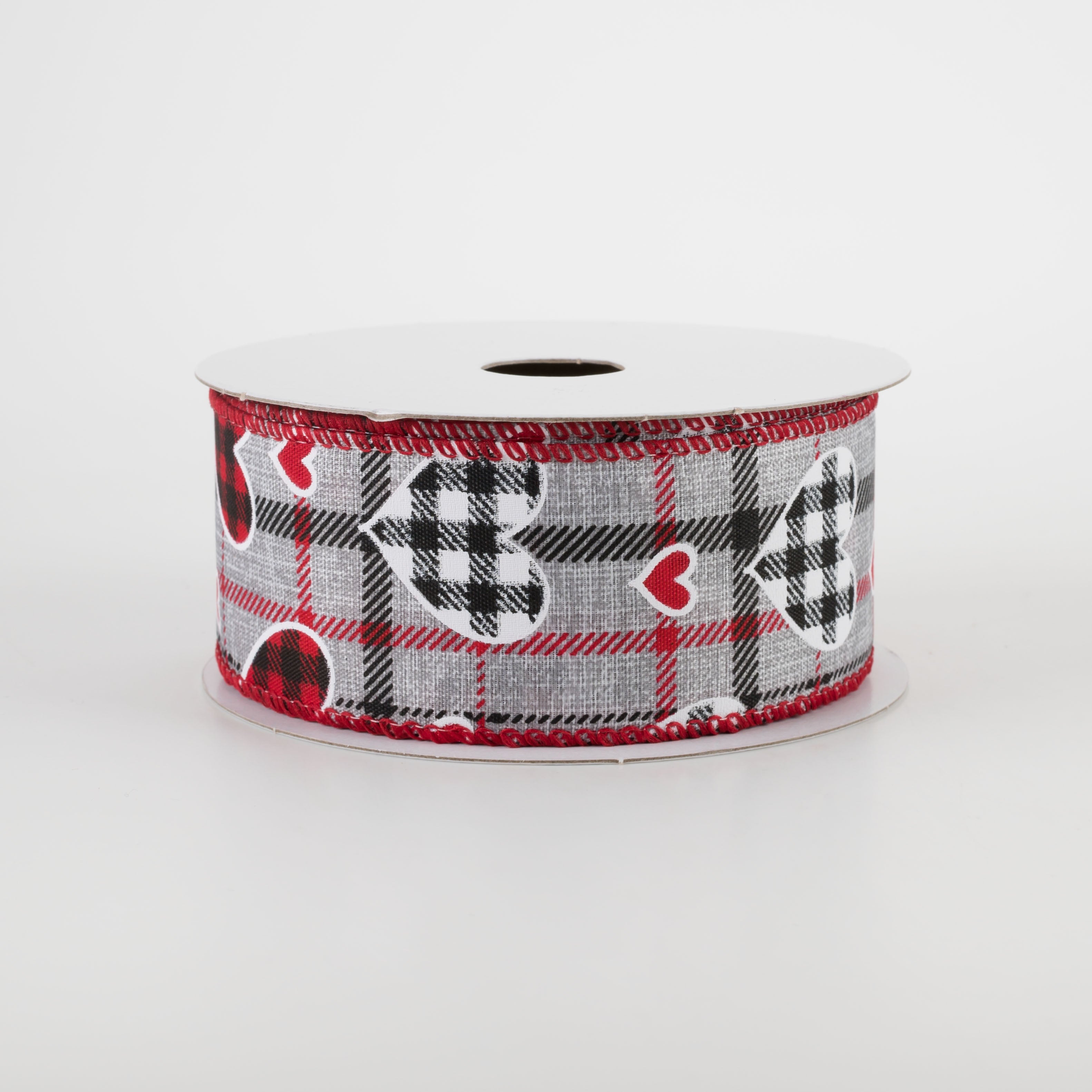 1.5" Buffalo Plaid Hearts on Plaid Ribbon: Grey, Black, Red (10 Yards) Item Number: 11208-09-51