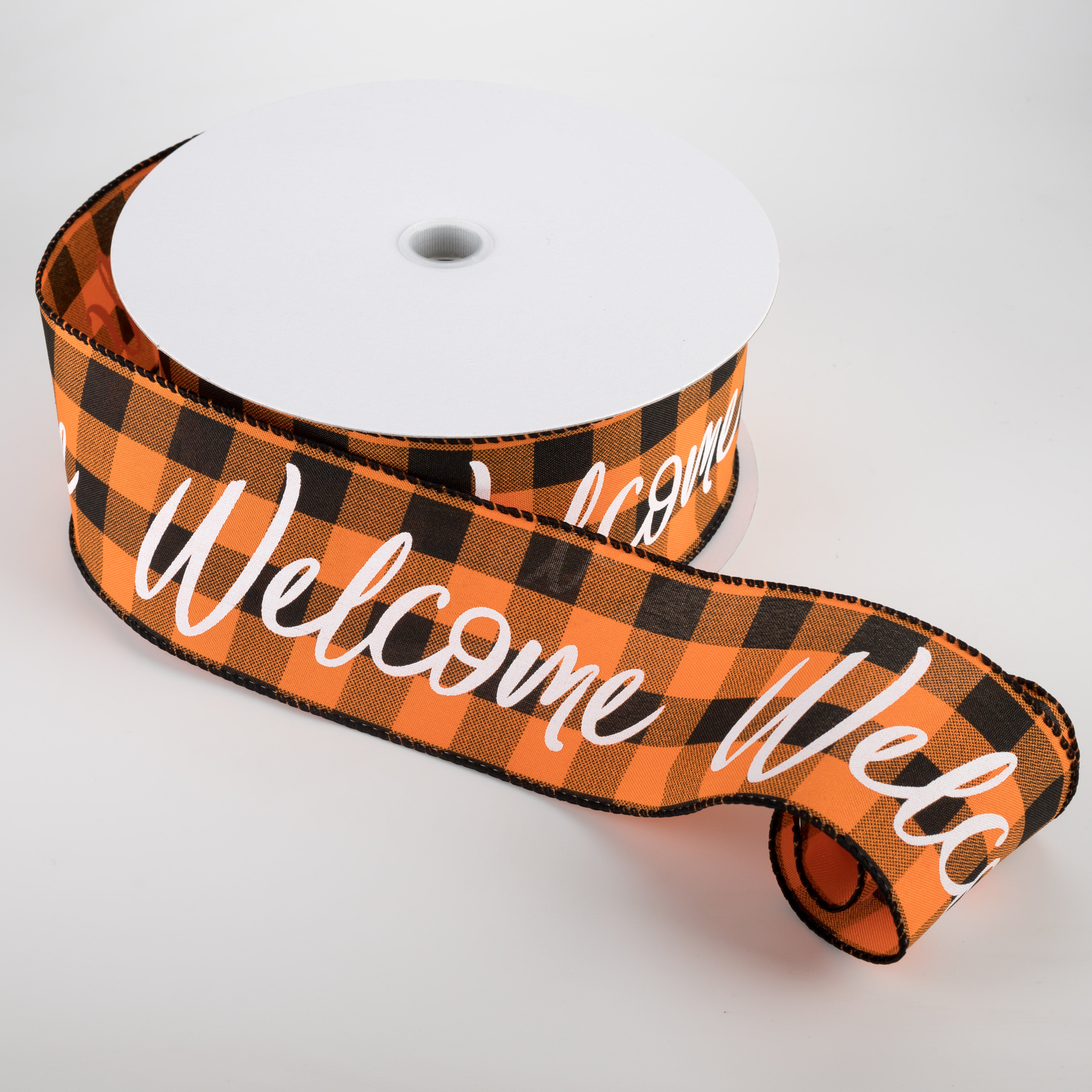 2.5" Buffalo Plaid Welcome Ribbon: Orange & Black (50 Yards) Lifestyle Photo