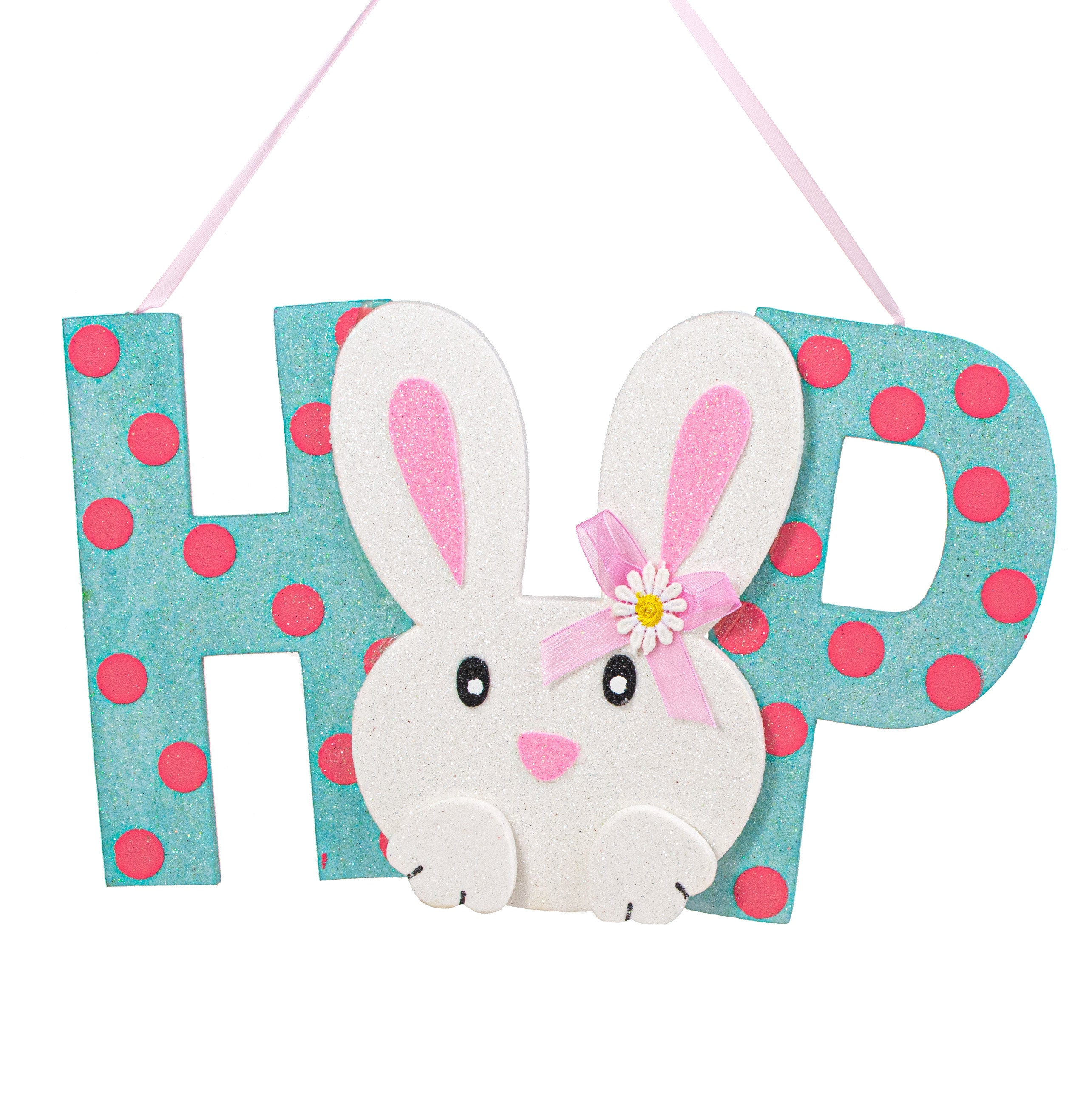 13.5" Bunny Hop Ornament: Blue & Pink Item Number: 62908BLPK