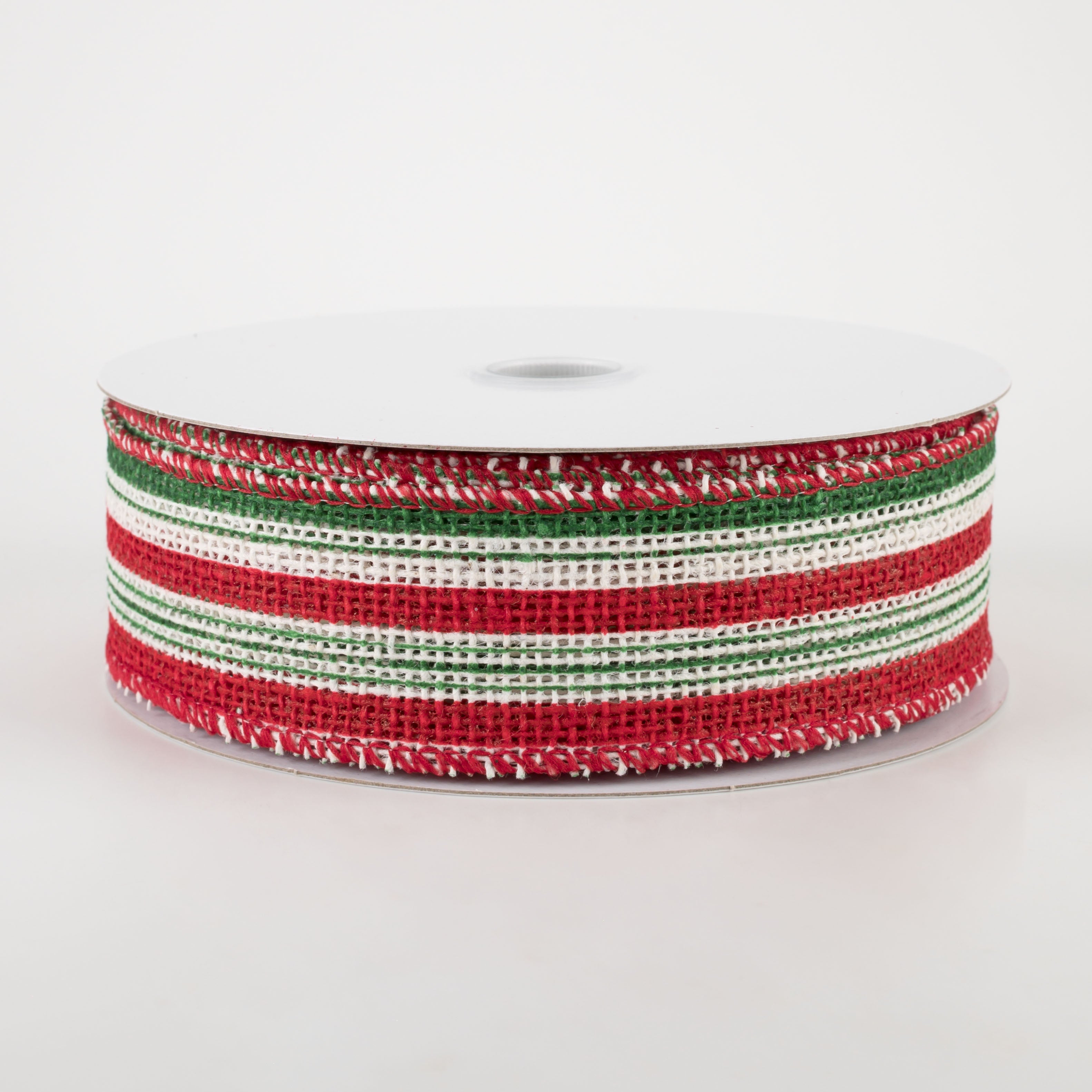 1.5" Burlap Vertical Stripe Ribbon: Green, Red, White (10 Yards) Item Number: 72151-09-08