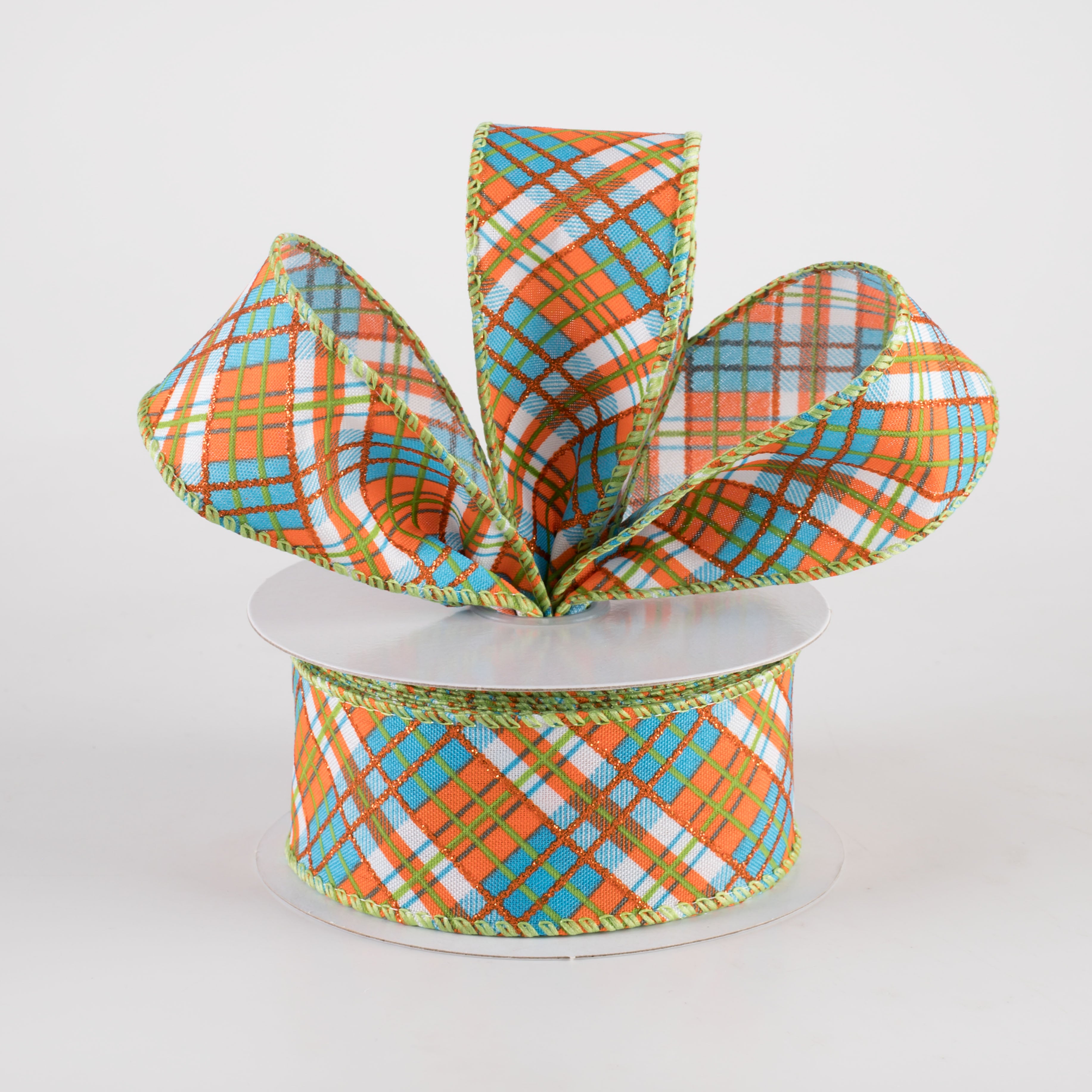 1.5" Busy Diagonal Plaid Ribbon: Teal Blue, Orange & Lime Green (10 Yards) Lifestyle Photo
